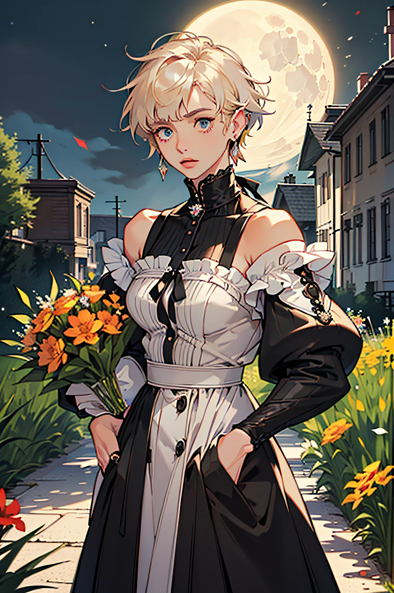 ((((carrying flowers,Finger Sleeve，))))((Hands in pockets,))(masterpiece illustration,Beautiful and aesthetic:1.2,Aim for an audience), Best Quality,of the highest quality, epic quality,((((Valley,plein air,))))(Moonlight,Moon glare, God Light,At night,Upper Upper Shot,Focus on Face,))Neat face,underage,Mature,beautiful detailed hair，Blonde hair，hyper HD, retinas, Textured skin, hight resolution, 16 K ，((hair clips,Steep bangs,side locks,Short hair,Big ribbon in hair)),Detailed face, 1jk, Lady,Solo, Perfect face, Very nice girl,((off shoulders,puff sleeves,White tracing shirt with red stripes,frilld,****ta dress,Metal Earrings,Spiral piercing)),Rim Lights