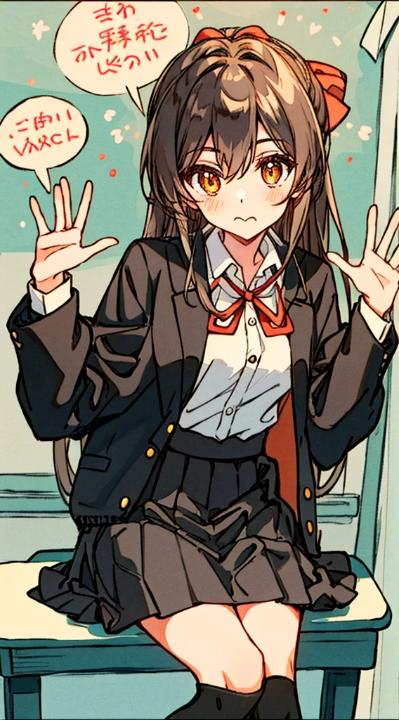 Hori Kyouko, 1 girl, black skirt, black tights, brown hair, cardigan, mouth closed, collared shirt, dress shirt, hair between eyes, hand up, Katagiri High School uniform, long hair, long sleeves, looking at viewer , orange eyes, school uniform, shirt, sitting, skirt, alone, speech bubble, split mouth, thighs, white shirt, a young girl in a black skirt and black thigh-high stockings, shows her unique style with her brown hair and cardigan . His closed mouth adds a touch of mystery to his expression. He wears a collared dress shirt as part of his Katagiri High School uniform, with a strand of hair falling between his eyes. Confidently raising her hand, she sits alone, with long sleeves and a skirt on her uniform. Her captivating orange eyes look directly at the viewer, capturing their attention. To complete his outfit, he wears a white shirt under his uniform, a closed cardigan that denotes the ribbon on his shirt. With her split mouth and charming presence, Hori Kyouko stands out in the school environment, leaving a lasting impression, flag chest, erotic cute, Perfect anatomy, Long hair