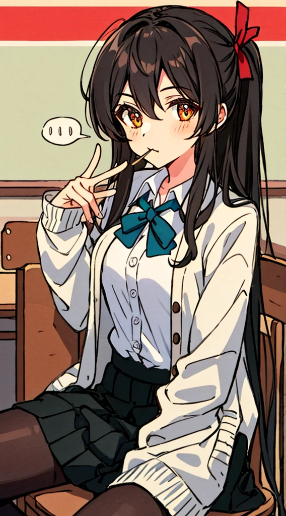 Hori Kyouko, 1 girl, black skirt, black tights, brown hair, cardigan, mouth closed, collared shirt, dress shirt, hair between eyes, hand up, Katagiri High School uniform, long hair, long sleeves, looking at viewer , orange eyes, school uniform, shirt, sitting, skirt, alone, speech bubble, split mouth, thighs, white shirt, a young girl in a black skirt and black thigh-high stockings, shows her unique style with her brown hair and cardigan . His closed mouth adds a touch of mystery to his expression. He wears a collared dress shirt as part of his Katagiri High School uniform, with a strand of hair falling between his eyes. Confidently raising her hand, she sits alone, with long sleeves and a skirt on her uniform. Her captivating orange eyes look directly at the viewer, capturing their attention. To complete his outfit, he wears a white shirt under his uniform, a closed cardigan that denotes the ribbon on his shirt. With her split mouth and charming presence, Hori Kyouko stands out in the school environment, leaving a lasting impression, flag chest, erotic cute, Perfect anatomy, Long hair
