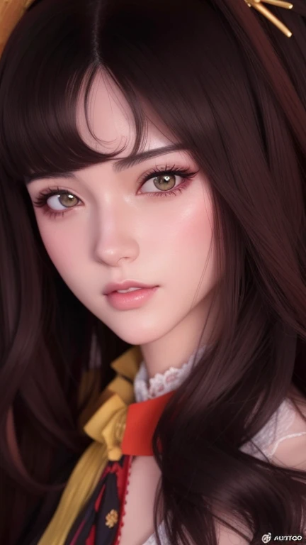 um close up de uma mulher com cabelo comprido usando um vestido, kawaii retrato realista, Estilo anime 3D realista, anime fotorrealista, anime hiper realista, 3 d anime realista, inspirado em Sim Sa-jeong, Realistic. Cheng Yi, belo rosto realista, estilo realismo anime, anime semi realista, retrato impressionante do rosto do anime, Arte no estilo de Guweiz