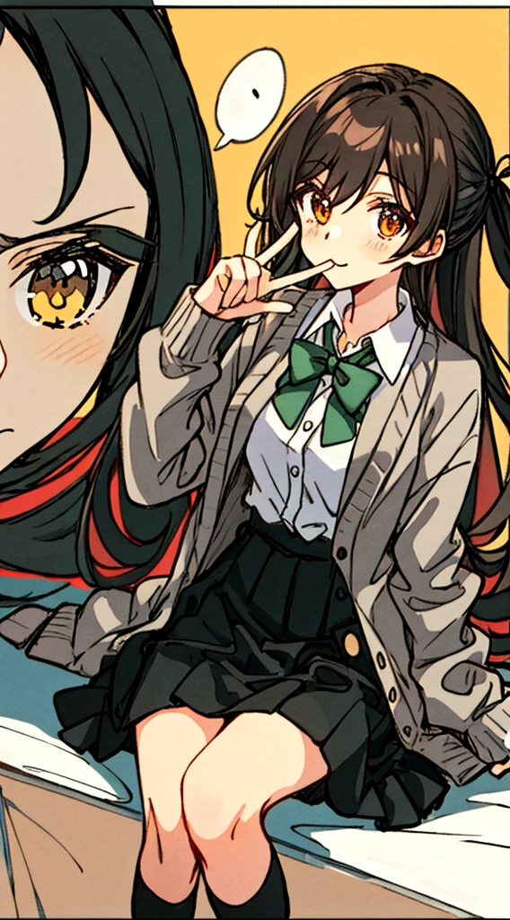 Hori Kyouko, 1 girl, black skirt, black tights, brown hair, cardigan, mouth closed, collared shirt, dress shirt, hair between eyes, hand up, Katagiri High School uniform, long hair, long sleeves, looking at viewer , orange eyes, school uniform, shirt, sitting, skirt, alone, speech bubble, split mouth, thighs, white shirt, a young girl in a black skirt and black thigh-high stockings, shows her unique style with her brown hair and cardigan . His closed mouth adds a touch of mystery to his expression. He wears a collared dress shirt as part of his Katagiri High School uniform, with a strand of hair falling between his eyes. Confidently raising her hand, she sits alone, with long sleeves and a skirt on her uniform. Her captivating orange eyes look directly at the viewer, capturing their attention. To complete his outfit, he wears a white shirt under his uniform, a closed cardigan that denotes the ribbon on his shirt. With her split mouth and charming presence, Hori Kyouko stands out in the school environment, leaving a lasting impression, flag chest, erotic cute