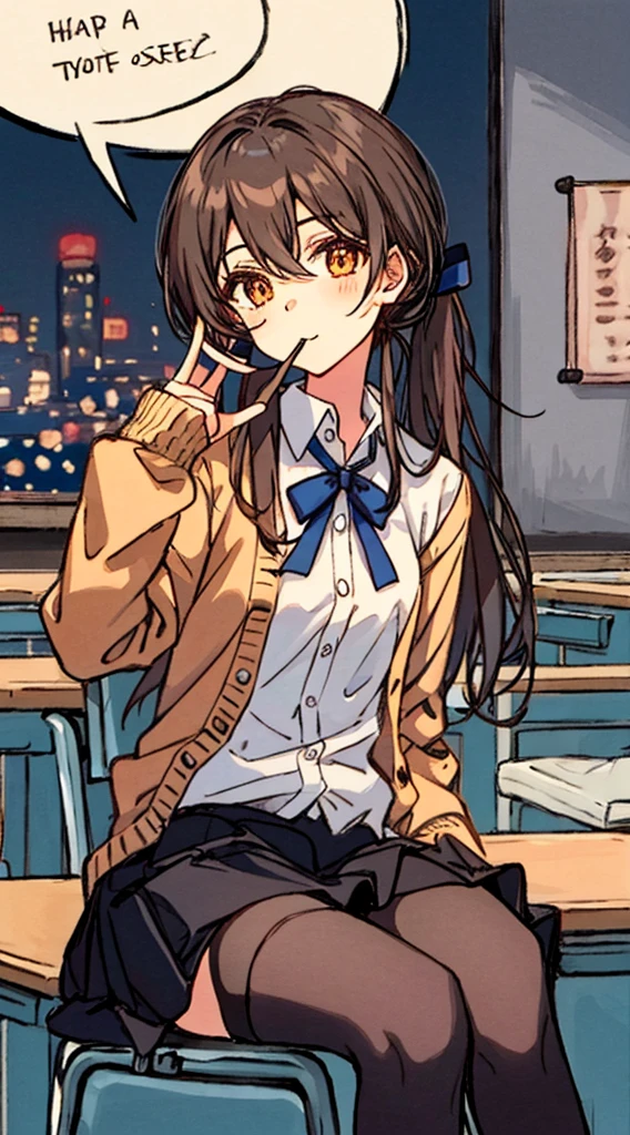 Hori Kyouko, 1 girl, black skirt, black tights, brown hair, cardigan, mouth closed, collared shirt, dress shirt, hair between eyes, hand up, Katagiri High School uniform, long hair, long sleeves, looking at viewer , orange eyes, school uniform, shirt, sitting, skirt, alone, speech bubble, split mouth, thighs, white shirt, a young girl in a black skirt and black thigh-high stockings, shows her unique style with her brown hair and cardigan . His closed mouth adds a touch of mystery to his expression. He wears a collared dress shirt as part of his Katagiri High School uniform, with a strand of hair falling between his eyes. Confidently raising her hand, she sits alone, with long sleeves and a skirt on her uniform. Her captivating orange eyes look directly at the viewer, capturing their attention. To complete his outfit, he wears a white shirt under his uniform, a closed cardigan that denotes the ribbon on his shirt. With her split mouth and charming presence, Hori Kyouko stands out in the school environment, leaving a lasting impression, flag chest, erotic cute