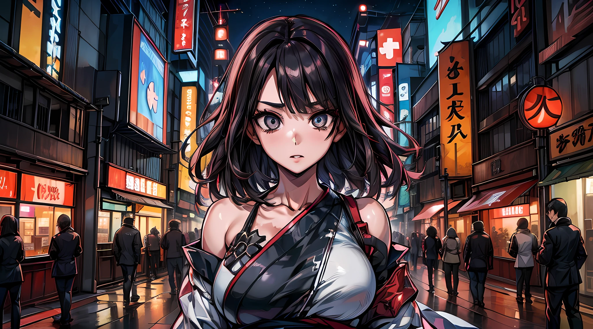 1girl, Olhos azuis detalhados, messy dark hair, Olhando para o Viewer, sexy, Ultra Obra-prima, influenced by Japanese culture and aesthetics, Tokyo in the background, urban backdrop