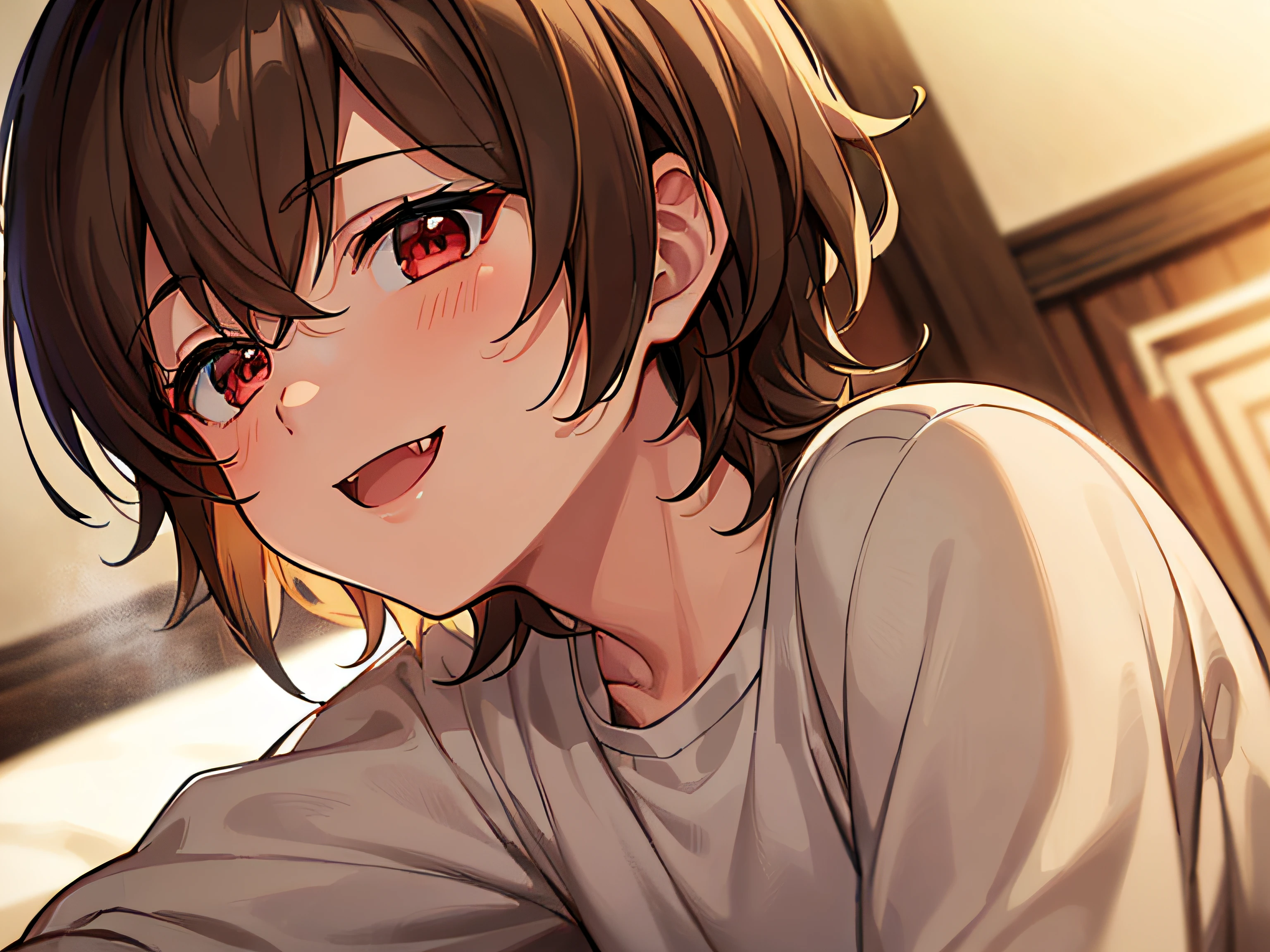 masterpiece,best quality,ultra detailed, ((((solo boy)))), ((-teey)),dynamic angle,light brown hair,red eyes,,hairs between eyes,gentle smile,white shirt, open mouth with skin fang,neutral,perfect face, good looking,slightly cute,