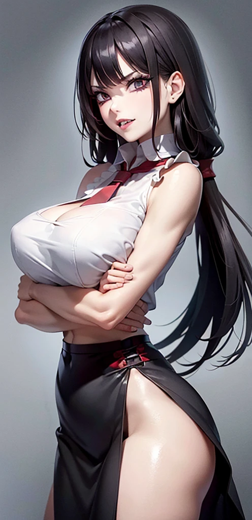 (8k), sharp focus, highres, 1girl, alice, upper body, arisdef, blonde hair, (sash, bow, hair band), Gigantic breasts, dress, (high quality:1.2), (high detail:1.2), (masterpiece:1.2), (extremely detailed:1.2), cleavage, muscular arms, muscular, very muscular, very muscular arms, large muscles, super muscular,angry, evil, smug, smirk, sharp teeth, vampire teeth, black mascara, black eyeliner, black lips, black lipstick, fishnet, fishnet dress, bare midriff, navel, six pack, abs