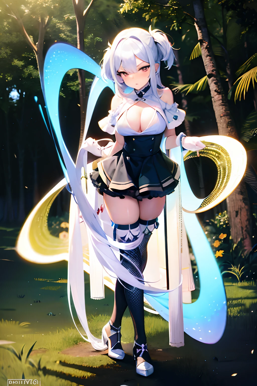 thin (cute :1.2) standing in forest, childish, (gigantic breasts despite little child:1.3), (cleavage:1.3), BREAK, large cute eyes, loli face, K, (shining magic texts in shining magic circulars:1.2), BREAK, long legs, thin waist, arms behind back, BREAK, (very long white straight hair), blunt bangs, BREAK, black thighhighs with white line, BREAK, short black capelet, short black high-waist skirt, BREAK, looking at viewer, (nose blush)