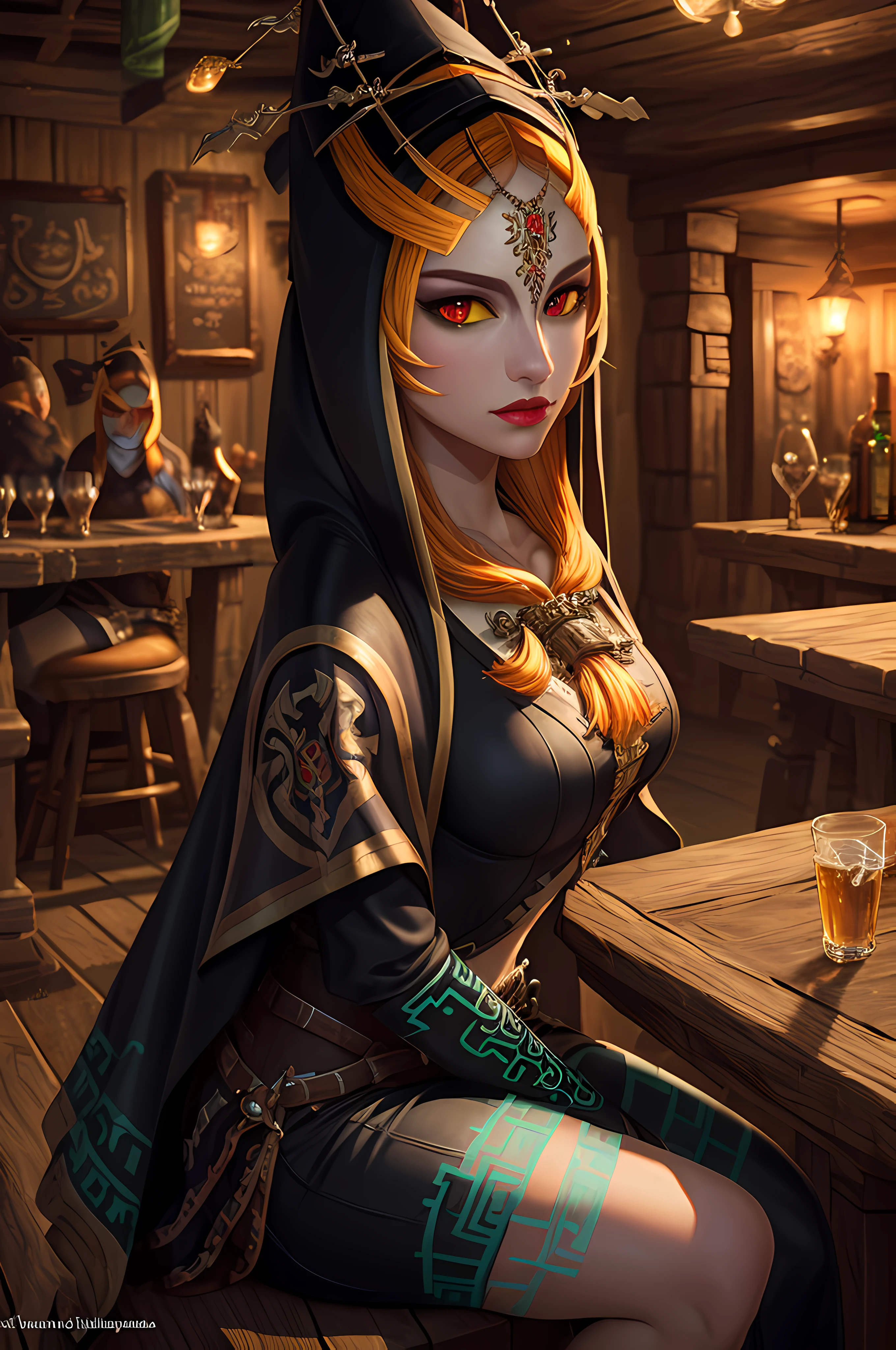 (symmetrical1.3), (mid shot), (solo:1.3), (front view:1.3), ((sitting in a tavern)) midnatrue, long hair, front ponytail, hood, colored sclera, yellow sclera, jewelry, (((looking at the viewer))), masterpiece, 4k, highly detailed, ((mysterious))