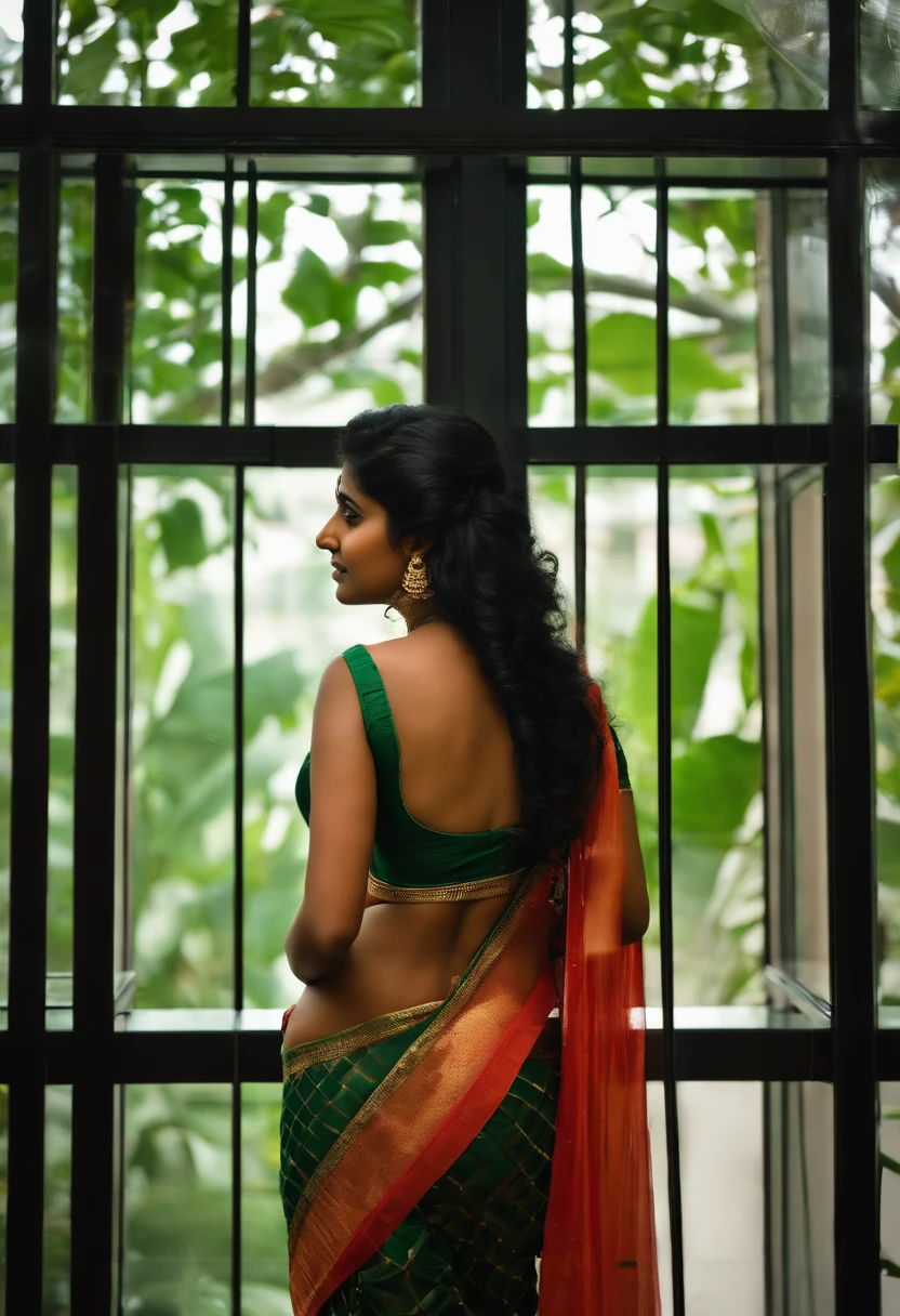Kerala girl with black long hair. In the glass building. very big boobs showing half and small leaf like navel with big ass. Very beautiful full size image. Wearing saree in sexy hot look...naked back without blouse showings back side of the body. Transparent saree