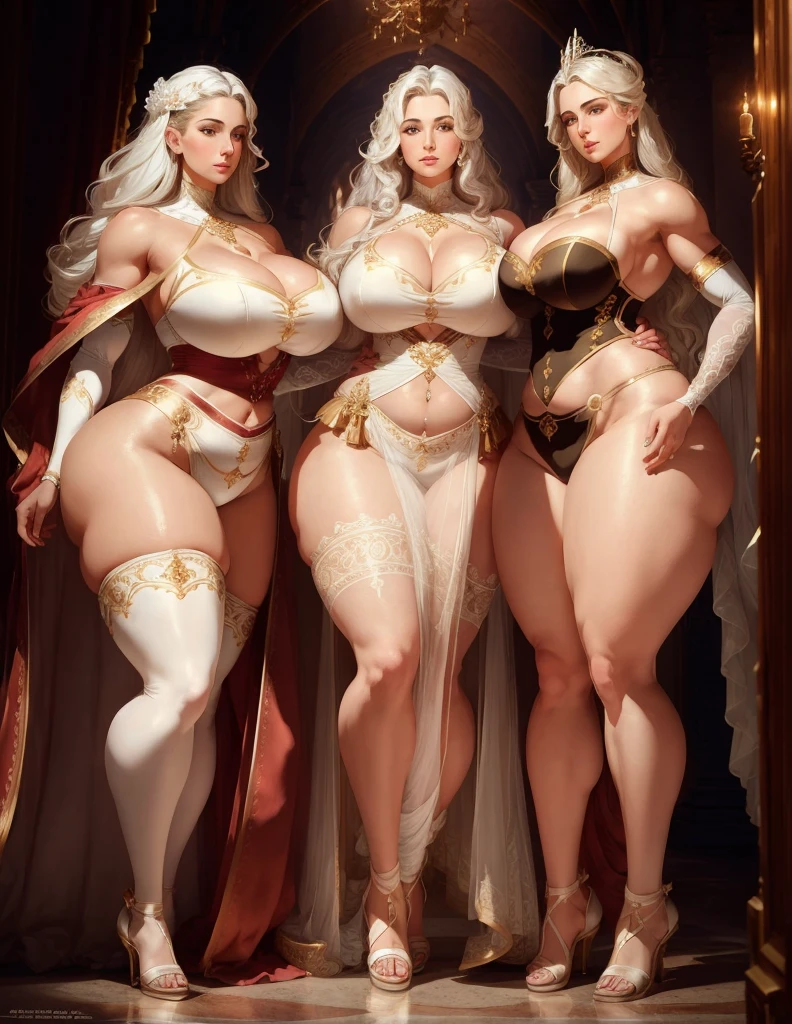 masterpiece, highest quality, (perfect face:1.1) , (high detail:1.1), dramatic, female triplets, breasts, white hair, red eyes, cleavage, long hair, curvy, large breasts, moon, see-through, night, dress, thighs, navel, white dress, laced choker, bare shoulders, wide hips, thick thighs, lips, covered, laced robe, pelvic curtain, laced pelvic curtain, toned pelvis, toned hips, milky hips, navel piercings, body piercings, huge breasts, muscles, big biceps, thigh muscles, bruised knees, white Heels, white sandals, armpit hair, castle, detailed background, art by artgerm and greg rutkowski, cinematic lighting, (wide hips:1.4), (big buttocks:1.4), (thick thighs:1.4), (small waist:1.4), (gigantic breasts:1.4)