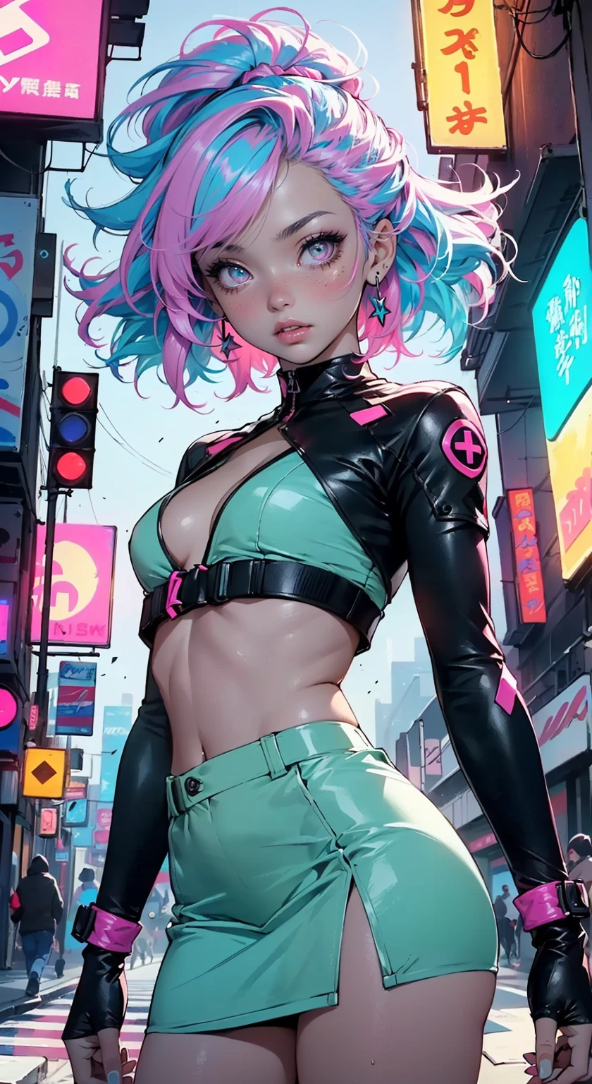 girl rave,(((1girl))),((girl with extremely cute and beautiful pink hair)),((asian features)),

(large breasts:1.4),saggy breasts,(((neon pink hair:1.35,wild hair,long hair:1.4,colored inner hair,ear breathing))),(((neon_green_eyes:1.3))),intricate eyes,beautiful detailed eyes,symmetrical eyes,slanted eyes:15,((fat)),((((lustrous skin:1.5,bright skin: 1.5,shiny skin,very shiny skin,shiny body,plastic glitter skin,exaggerated shiny skin,illuminated skin, wet legs))),(spider lower abdomen,narrow waist,wide hip,athletic body,inflated legs,detailed body,(detailed face)),

cute,slutty,seductive,erotic,(((nsfw))),

zettai ryouiki,revealing clothing,show skin,((rave shirt with an neon colors print,rave mini-short,visible thong straps)),(rave outfit:1.3,rave clothes,semi-naked,with little clothing),((neon tattoos:1.3)),((wet clothes,intricate outfit,intricate clothes)),

(dynamic pose:1.0),solo focus,embarrassed,(centered,scale to fit dimensions,Rule of thirds),

cyberpunk city by the ocean at night, with bright neon signs and dark stormy clouds and puddles, scenery:1.25,

artistic photography,(photography taken by sldr),highres, sharp focus, (ultra detailed, extremely detailed), (photorealistic artwork:1.37),(extremely detailed CG unity 8k wallpaper),((synthwave background theme)),(((vibrant colors))),(intricate background),(masterpiece),(best quality),