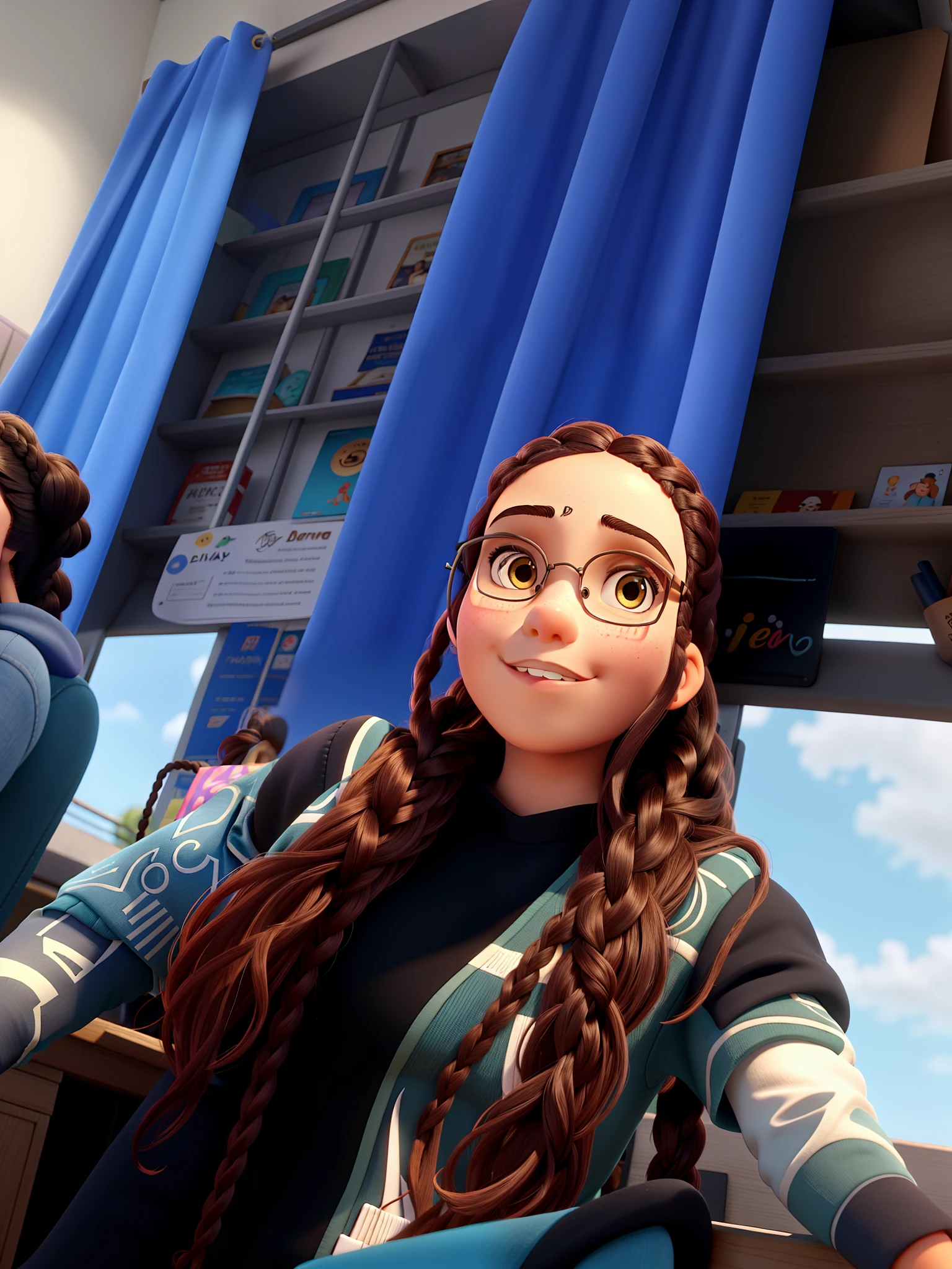 Jovem morena de 18 anos, With braids in the hair in the Disney Pixar style