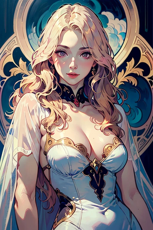 50-year-old woman, middle-aged European, (((MILF))), beautiful alluring noblewoman, (adult face), ((mature woman's face)), full lips, (oval-shaped face), (celestial nose), warm fair skin, small purple eyes, violet doe eyes, very light rose gold hair, pink blonde, pastel pink rose gold hair, very long wavy hair, tareme, long eyelashes, white Rococo fashion-inspired dress with brocade elements, radiant, glowing, luminous, enchanting, elegant, holy, dreamy, romanticism, innocence, serene, compassionate, fine art painting by Yanjun Cheng, Krenz Cushart key art feminine, a character portrait by Oliver Sin and Charlie Bowater, background by James Jean and Alphonse Mucha, ((Alphonse Mucha)), ((intricate detailed)), ((Semi-realistic)), (solo focus), (perfect face:1.1), cleavage, light smile, kind facial expression, ethereal lighting, (high detail:1.1), (((masterpiece))), ((best quality)), fantasy style art, Art Nouveau, full-length portrait, voluptuous body, (glamour shot full body image)