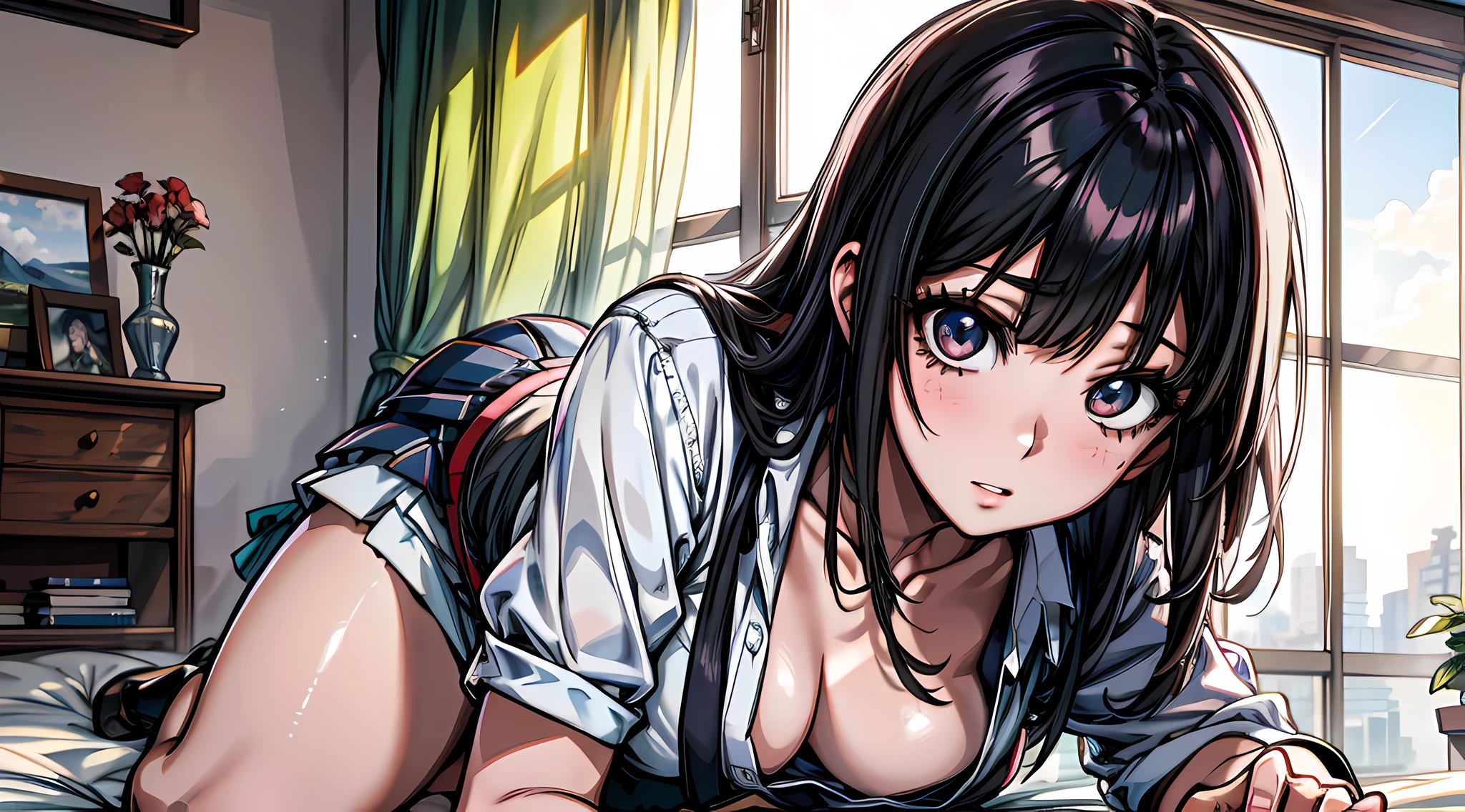Anime girl lying on bed face down, anime sedutora, Artgerm extremamente detalhado, detalhes finos. meninainha de frente, aluna hiperrealista, uma aluna hiperrealista, lindo anime sedutor adolescente, estilo anime ecchi, ultra qualidade, 8k , ( Fundo da arquitetura japonesa:1.15), (extremely high quality, Amazing details:1.4), (sozinho, picturesque backdrop:1.3), (ray tracing, color grading:1.2),