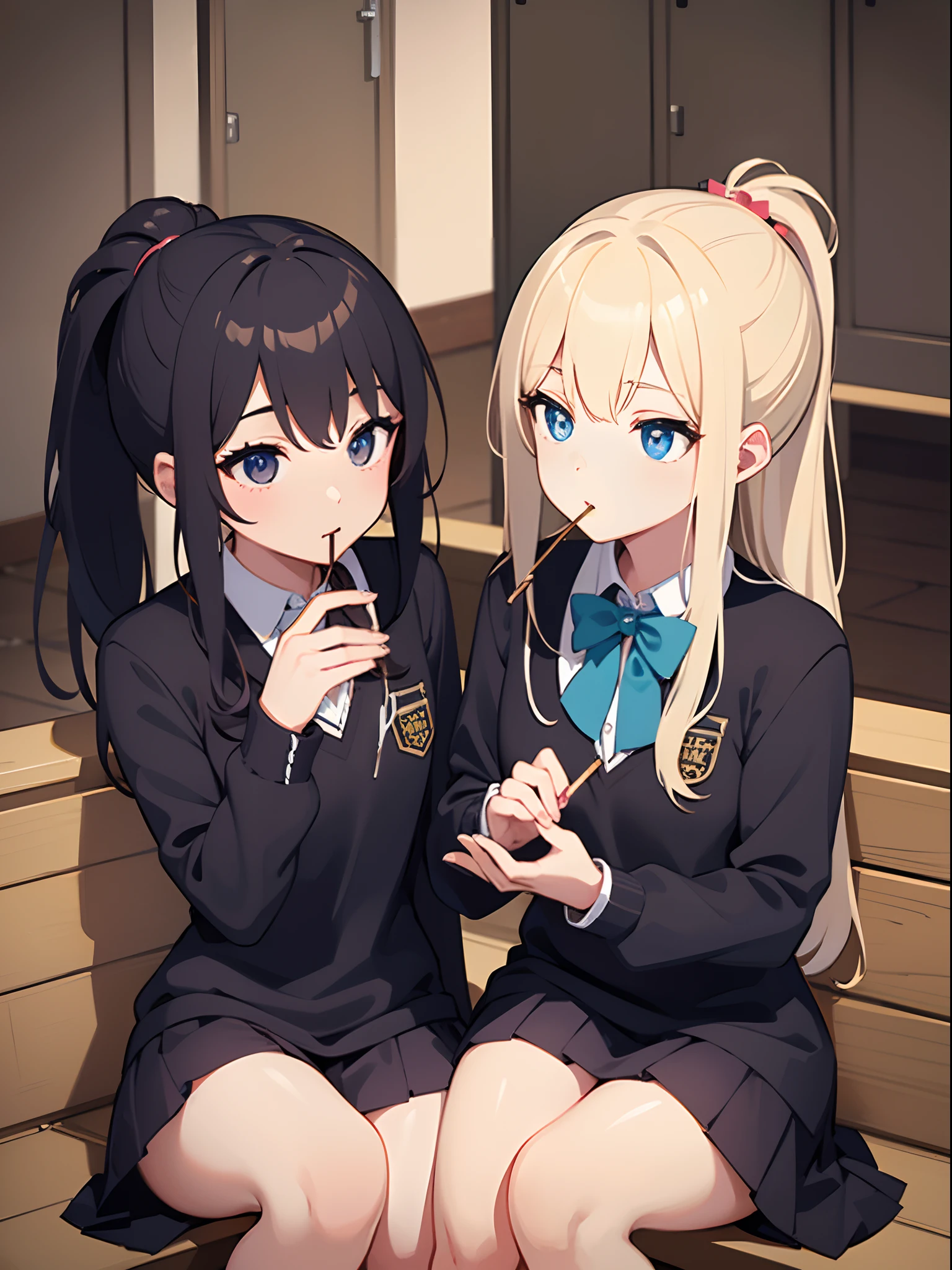{{{masterpiece}}},{{{best quality}}}, {{ultra-detailed}}, {illustration}, {{an extremely delicate and beautiful}},{{{super detailed skin}}},(((detailed))),(((beautiful detailed eyes))),(((caustics))),((2girls:1.3)),glistening skin,shiny hair, ,long_ponytail,school_uniform,locker room ,(( pocky game)),