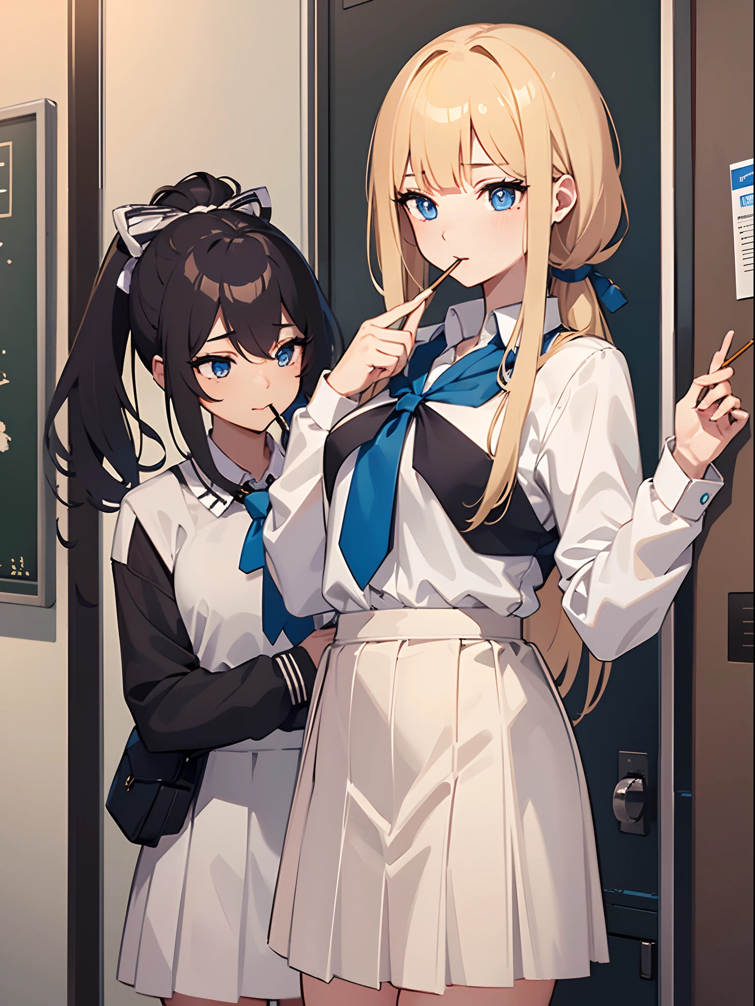 {{{masterpiece}}},{{{best quality}}}, {{ultra-detailed}}, {illustration}, {{an extremely delicate and beautiful}},{{{super detailed skin}}},(((detailed))),(((beautiful detailed eyes))),(((caustics))),((2girls:1.3)),glistening skin,shiny hair, ,long_ponytail,school_uniform,locker room ,(( pocky game)),