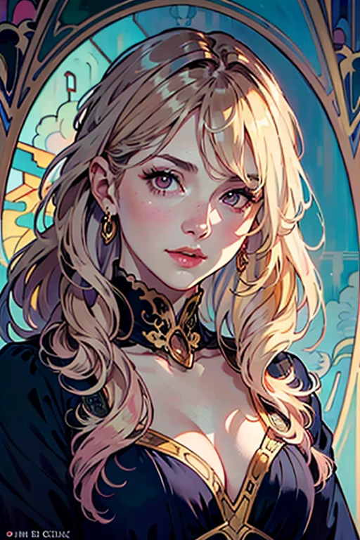 50-year-old woman, middle-aged European, (((MILF))), beautiful alluring noblewoman, (adult face), ((mature woman's face)), full lips, (oval-shaped face), (celestial nose), warm fair skin, small purple eyes, violet doe eyes, very light rose gold hair, pink blonde, pastel pink rose gold hair, very long wavy hair, tareme, long eyelashes, white Rococo fashion-inspired dress with brocade elements, radiant, glowing, luminous, enchanting, elegant, holy, dreamy, romanticism, innocence, serene, compassionate, fine art painting by Yanjun Cheng, Krenz Cushart key art feminine, a character portrait by Oliver Sin and Charlie Bowater, background by James Jean and Alphonse Mucha, ((Alphonse Mucha)), ((intricate detailed)), ((Semi-realistic)), (solo focus), (perfect face:1.1), cleavage, light smile, kind facial expression, ethereal lighting, (high detail:1.1), (((masterpiece))), ((best quality)), fantasy style art, Art Nouveau, full-length portrait, voluptuous body, (glamour shot full body image)