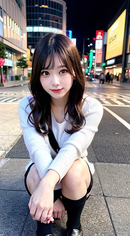 (in 8K, Raw photo:1.2)Detailed face and eyes,Best Quality, 超A high resolution, Highly detailed ,intricate detailes ,masutepiece ,Cute Girl , Soft cinematic light, Hyper-detailing,Sharp Focus, High quality, A dark-haired, Longhaire,Brown uniform、White blouses、(Black miniskirt)、(Sitting with your knees upright)、Night city、(full bodyesbian)