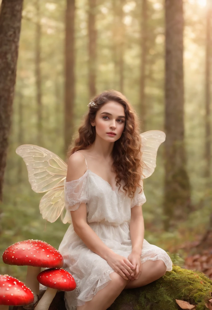 Young girl, curly hair, angelic, butterfly wings, (seated on mushroom) oversized red mushroom with white spots, forest background, contemplative pose, fantasy, autumn leaves, digital art, whimsical, ethereal, soft lighting, golden hour, detailed texture, vibrant colors, depth of field, high resolution.
