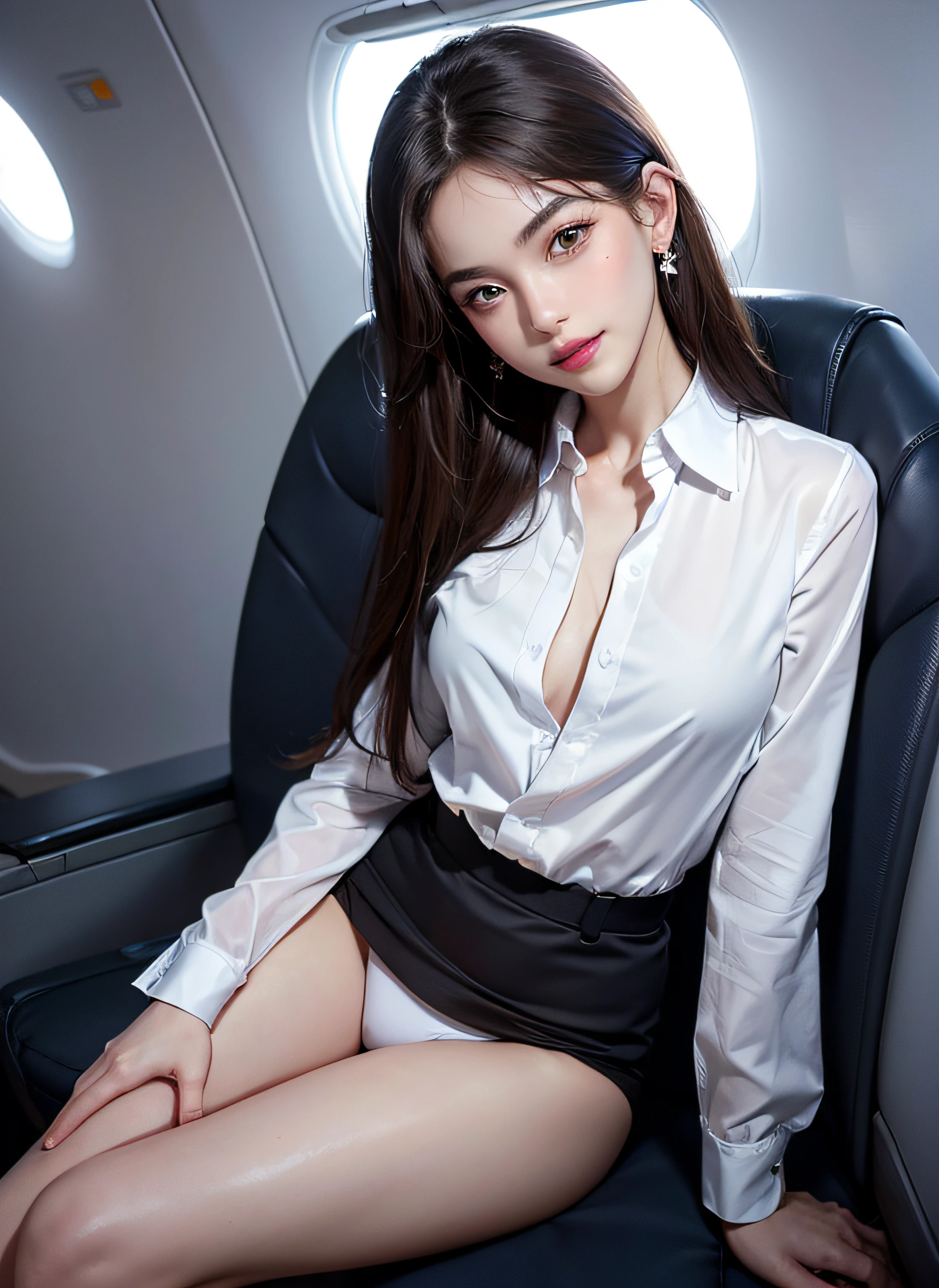 (8K high image quality), (top-quality), (RAW image quality),(masutepiece:1.2), (Realistic), (Photorealistic:1.37), ,largeeyes,long eyelasher,(Live-action realistic style),The Ultimate Face,Photorealistic light and shadow,Clear facial features,,Fair skin, ),(The Ultimate Face,Extraordinary beauty),Best portraits, 1-girl,Beautiful detailed eyes,highlydetailed skin,(Beautiful face with double eyelids), (Realism: 1.4),((fullbody image)) ,delicate and beautiful face,,Female about 20 years old,(Beautiful Face 1.4),Length of mudium hair,(lipsticks,Lame around the eyes,earring beautiful),((Shot on an airplane)),(sitting in the seat),(Flight attendant uniforms)),,(Flight attendants in uniform),,(cowboy shot),Shoot head-on,,Close-range shooting,,(((Show your audience your best smile))),Lightly dressed flight attendants,Expose the bra a little,((Open your legs wide,Open your legs to show your panties)),Show your panties to your audience,I'm wearing white panties