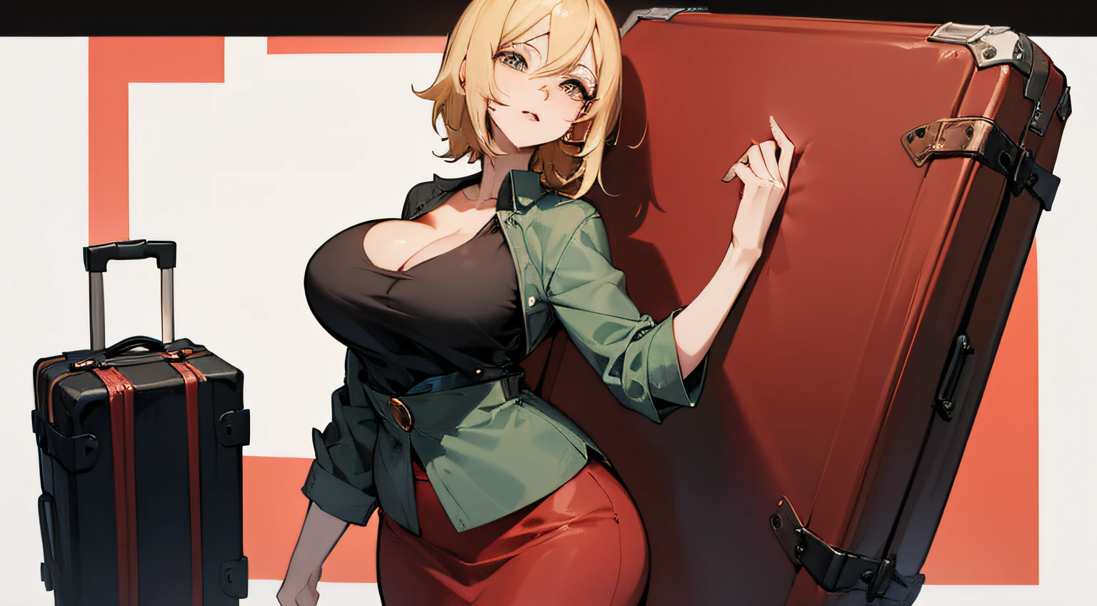 50-year-old blonde woman in a black bra top and red skirt with a suitcase, olhar sexy, tamanho dos seios grandes, ela tem cerca de 50 anos, com seios grandes, ela tem cerca de 6 0 anos, com seios grandes, 5 5 I, Comercial de TV, 4 5 I, muito sexy, o super quente e sexy, thicc