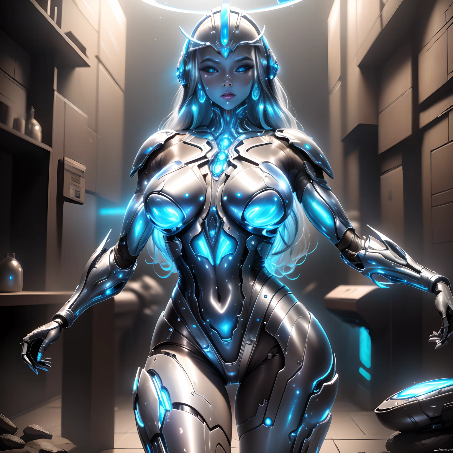 (8k), (mejor calidad), (obra maestra: 1.2), ((ultra realista)), Futuristic mecha girl on neon-lit sci-fi cover, estilo (cyberpunk:1.3), Llevar un traje mecha de batalla con detalles brillantes, posando sensualmente, Pechos grandes y cola grande (muslos hechizantes cuerpo completo) cuerpo completo, Detalles en blanco, , azul, (futurista detallada),(en una batalla, alien el espacio)