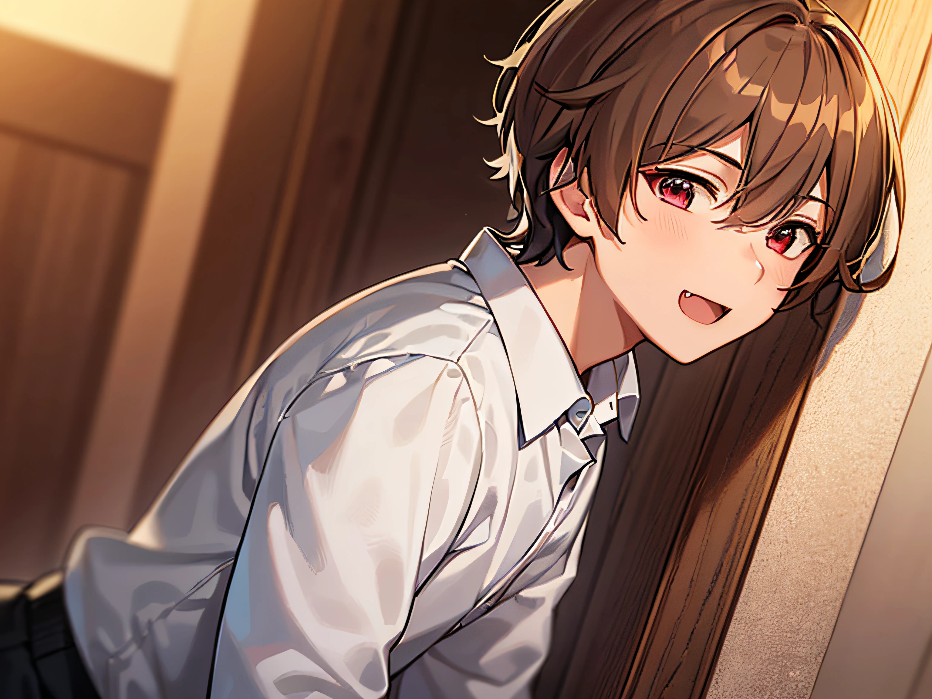 masterpiece,best quality,ultra detailed, ((((solo boy)))), ((mid-teen guy)),dynamic angle,light brown hair,red eyes,,hairs between eyes,gentle smile,white shirt, open mouth with skin fang,neutral,perfect face, good looking,slightly cute,