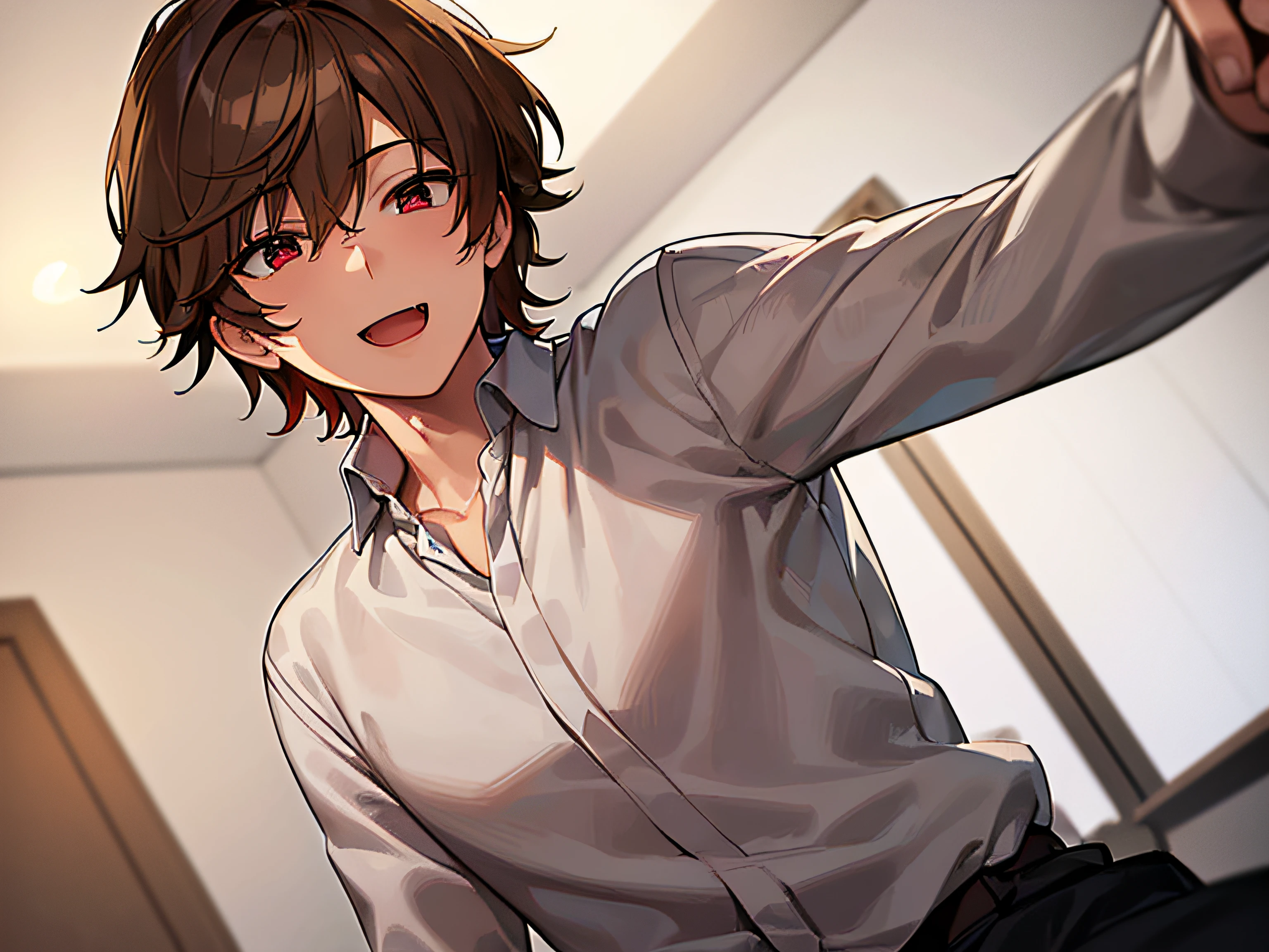 masterpiece,best quality,ultra detailed, ((((solo boy)))), ((mid-teen guy)),dynamic angle,light brown hair,red eyes,,hairs between eyes,gentle smile,white shirt, open mouth with skin fang,neutral,perfect face, good looking,slightly cute,