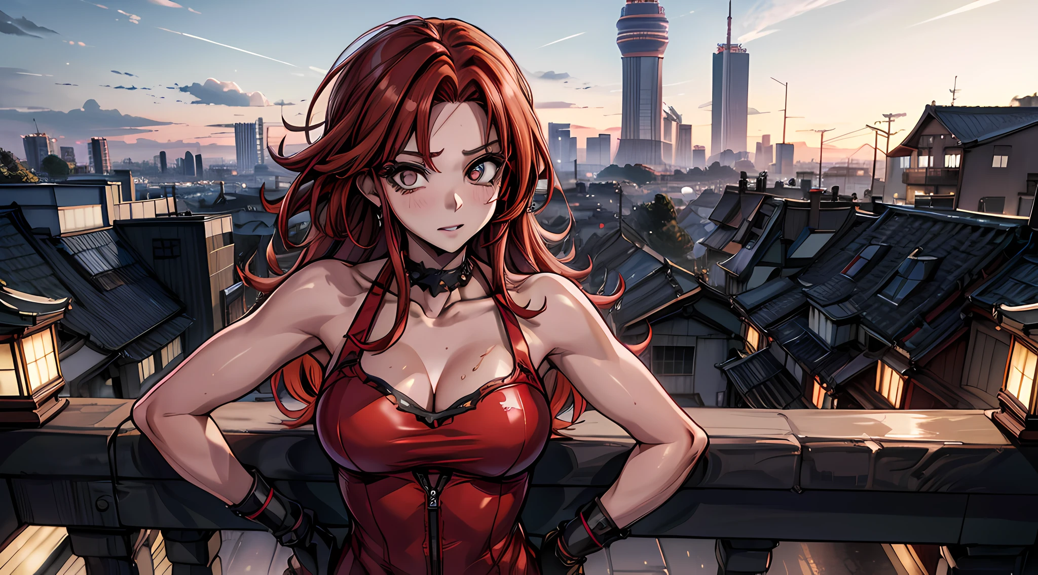 Slender woman、Super small breasts、long curly red hair、super sexy red santa costume、slutty eyes looking at camera、Night view of the city、