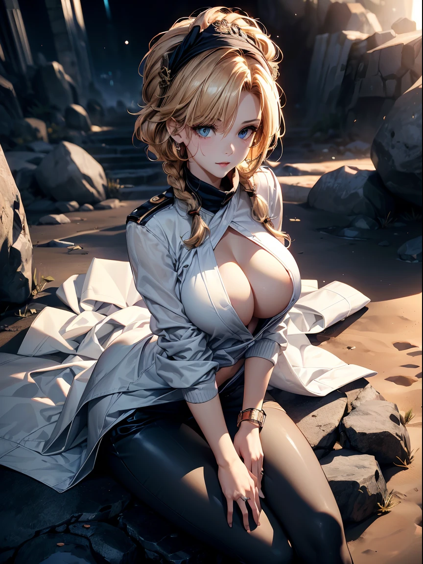 a matured woman with long black hair and a white outfit, (at a rock place in a desert:1.5), (resting in oasis:1.2, holding metal water bottles:1.3, sitting with spreading legs:1.5, Yoga posing, with cross-legged:1.3, Indian style, with lifting arms, in front of Arabic ruins:1.2), Arabic, (Post apocalyptic:0.2), from arknights, artwork in the style of guweiz, bodyesbian, fine details. girls frontline, beautiful anime illustration, from girls frontline, by Yang J, stunning, 26 years old, (milf:1.3), (solo:1.5), (sfw:1.25), sagging breast, fuge breasts, big tits, thin waist, big ass, Raised sexy, (dark mahogany medium short hair, updo, hair over one eye, asymmetric hair, Carly hair, low tied braids),(musulman, white Headscarfs, hair bands, head vandage, Turban), (ultra high resolution, 8K RAW photo, photo realistics, thin outline:1.3, clear focus), best qualtiy, natural lighting, textile shading, blurry back ground, field depth, bokeh, (Bright pupils, fine detailed beautiful eyes, high detailed face), Red lip, looking away:1.3, (dynamic angle:1.2, front view:1.2, breast focus:1.3, from above:1.1), dynamic posing, (sexy posing:1.2, leaning forward), seductive smiling:1.2, center image, (wearing white long jacket and clothes, wearing white robes, ((bare breast:1.37)), platinum ornaments, rolling white clothes around waist, camel-brown long leather boots:1.3, translucent lace pantyhose), ((correct anatomy:1.5)), ((outdoor:1.2, in a night:1.3)),