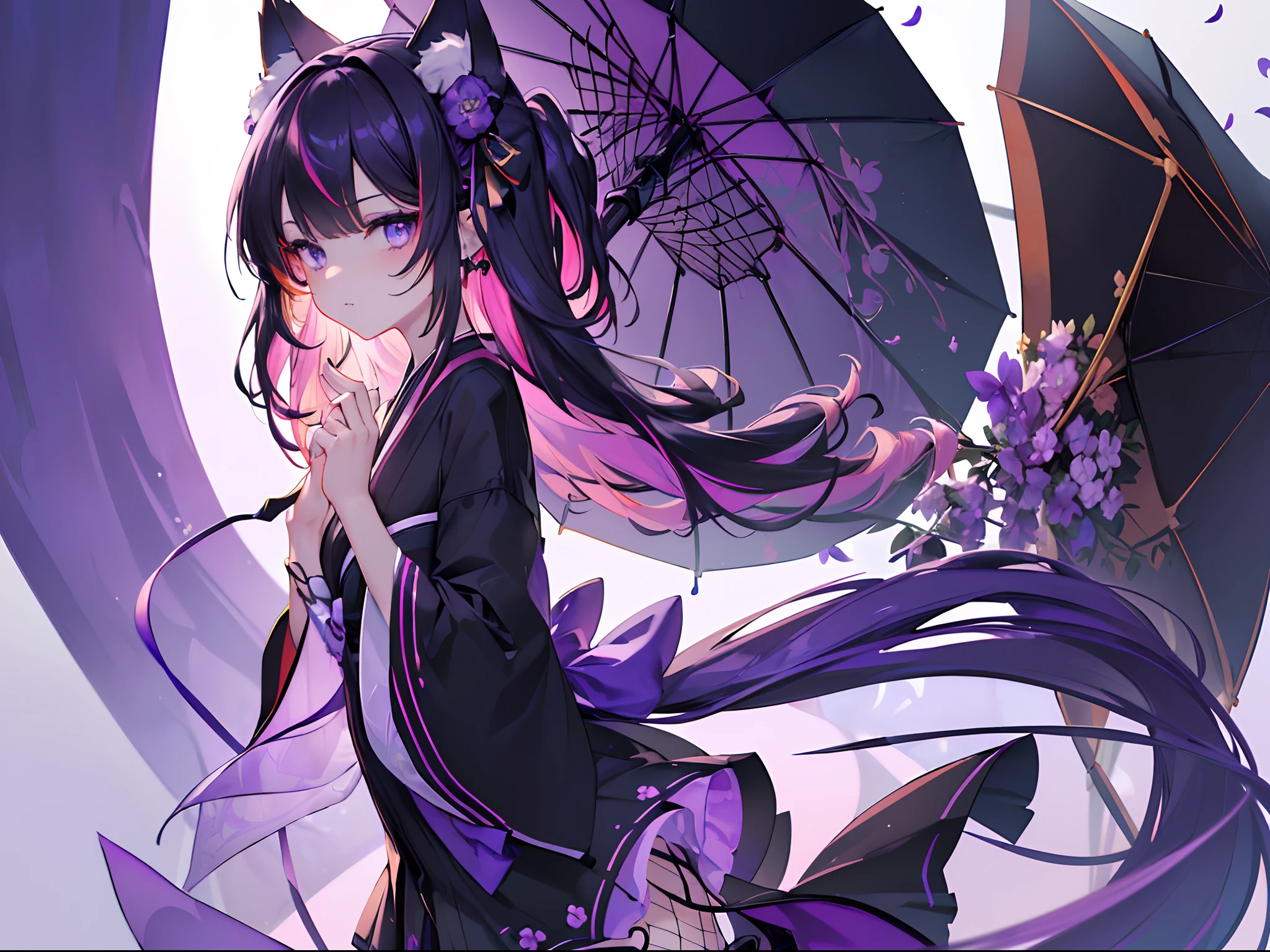 masterpiece, best quality, super fine illustration, perfect anatomy, perfect eyes, correct anatomy, perfect proportion, perfect face, perfect hands, perfect legs, perfect fingers, perfect hands, professional lighting, best quality, ultra detailed, extremely delicate and beautiful, 4k, 8k,,1girl, fox girl, (((multicolored hair:1.2)(white 1.2)(purple 1.2), fox ears, long Hime hair, fox tail, black kimono with flowers ,umbrellas, fishnet, SHY expression, perfect skull ribbon, lavender eyes, close up ,fit to frame, solid green background, masterpiece, best quality, super fine illustration, perfect anatomy, perfect eyes, correct anatomy, perfect proportion, perfect face, perfect hands, perfect legs, perfect fingers, perfect hands, professional lighting, best quality, ultra detailed, extremely delicate and beautiful, 4k, 8k,,1girl, cyber fox ears, cyber fox tail, cute face, gothic cross ear rings, black dress, purple hair and black hair, layered hair, black skirt, fishnet stockings, lavender eyes, green background