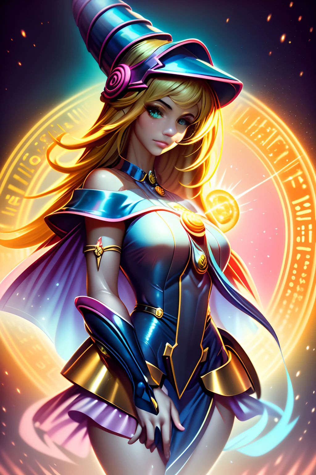 ((La mejor calidad)), ((Obra maestra)), ((realista)), retrato, dark magician gils.
1girl, celestial, Deidad, diosa, light particles, halo, Mirando al espectador,
(bioluminiscente:0.95), Vibrante, Colorido, Color, (resplandeciente, resplandecer),
(beautiful composition), cinematic lighting, intrincado, (Symmetrical:0.5), Caprichoso,