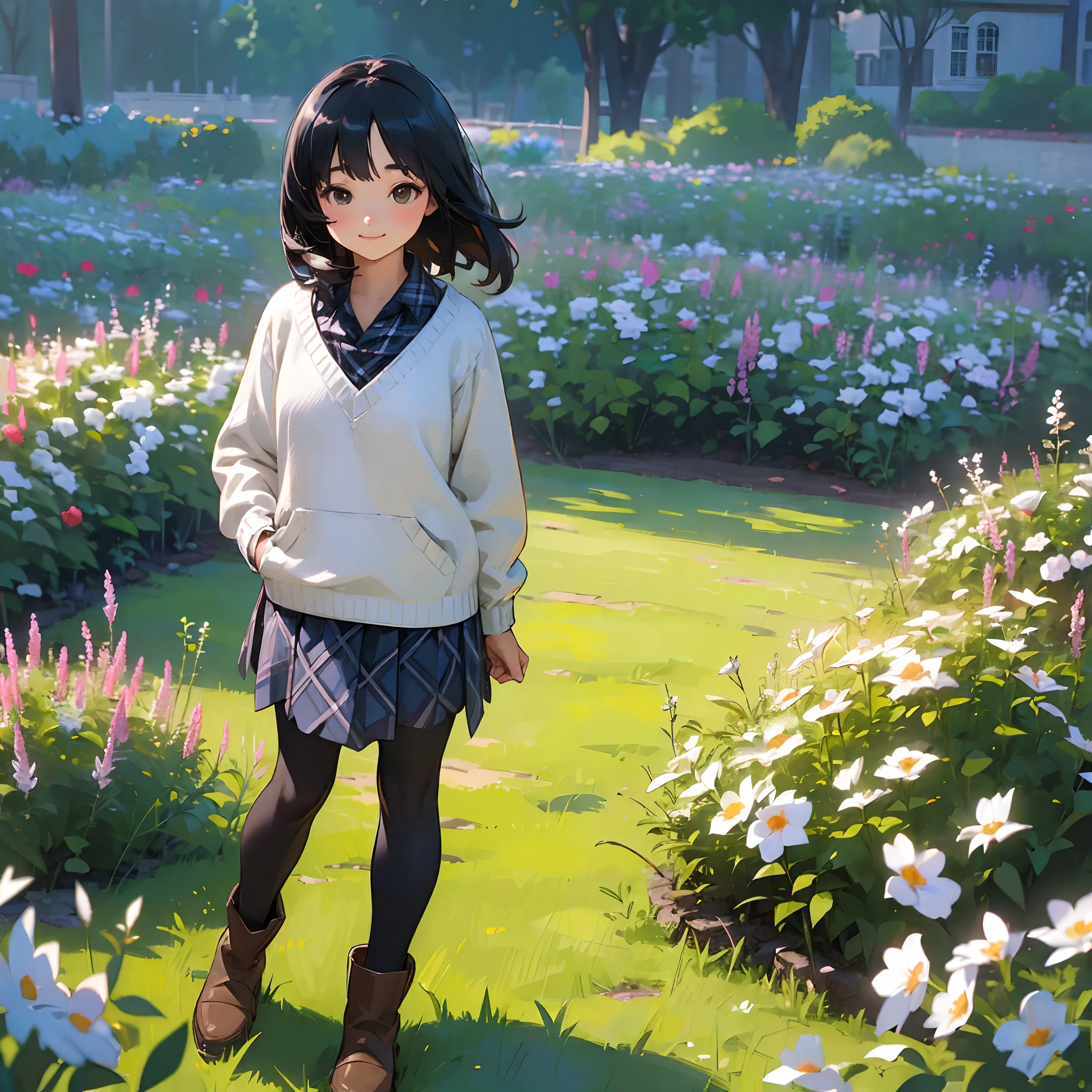 (High quality, High resolution, Ultra-detailed, Realistic:1.37), peaceful ambiance, (plein air, garden), Teenage girl standing alone, Beautiful detailed features, Cute smile, (Black bob hair), Rib Sweater, blue plaid skirt, Black tights, Brown boots.