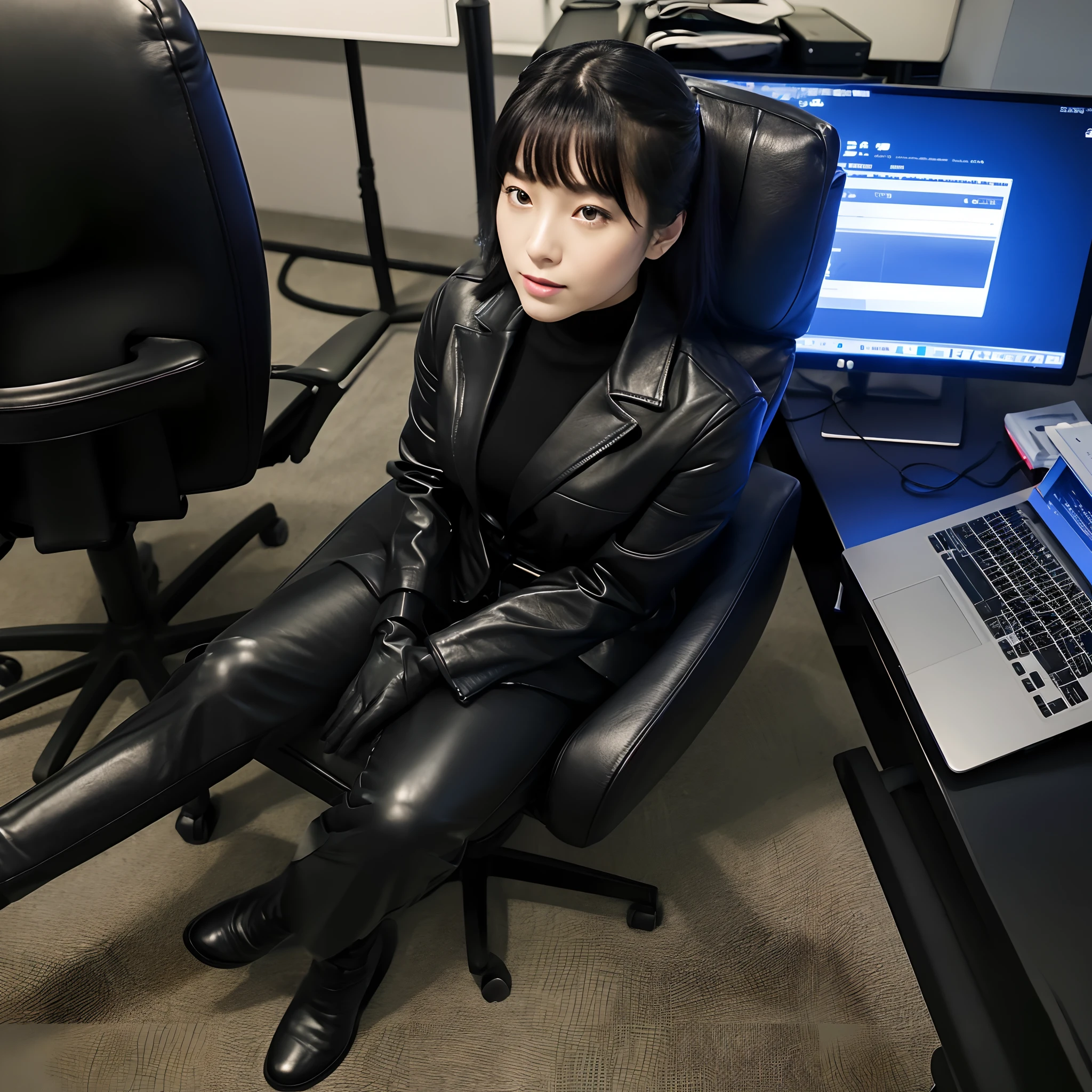 Wearing a black business pantsuit, Office in the Dark, facing a desk、While looking at the screen, tap the keys on the black laptop keyboard with the fingertips of the black leather gloves,Sitting on a large chair with a black leather backrest、 Black hair was tied back for a long time, Japan Female New Employees (Black leather gloves cover both hands) (The angle is frontal)、Black leather long boots