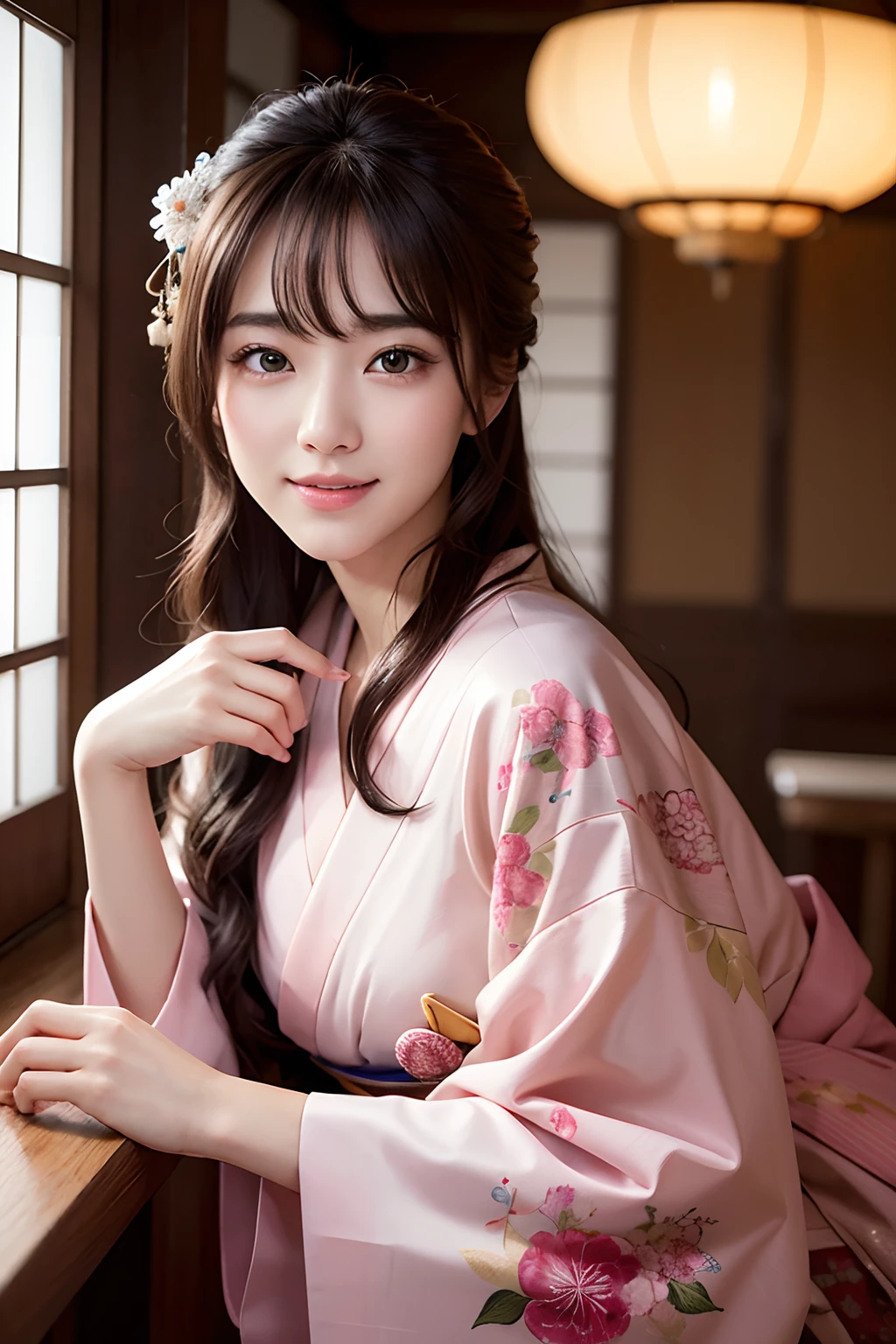 best quality, Delicate face,beautiful visual work, lifelike, eternity, black hair, Long curly hair, blunt bangs, Smile, Detailed Background, Delicate face,blush,cold,((masterpiece))、(top quality)、8k、high detail、Super detailed,41-year-old female,Wearing a yukata, Kneeling on the tatami, masterpiece、born、Scenes resembling fairy tale illustrations、intricate details和複雜的設計、Beautifully、magic、capricious、 Beautifully、Dream aesthetics、「𝓡𝓸𝓶𝓪𝓷𝓽𝓲𝓬、ethereal、charming、fickle、magic」、realism、Visual effects、FXAA、SSAO、Shader、voiceless、ambient lighting、Tone mapping、High resolution、Ultra high quality、Million pixels、(8K resolution:1.10)、8k、8k以下、8K resolution、high detail、intricate details, (high quality:1.2、masterpiece:1.2、:1.21)、(41-year-old female:1.21)、(興奮地Smile)、(Surrounded by a dreamy atmosphere、Model diagram,full-body shot,Normal 2 feet,Put your hands behind you,The protrusion of the breast is visible when wearing clothes, Large Breasts, H cup chest, pink clothes, Don't show your fingers, full-body shot, full-body shot,full-body shot,full-body shot,full-body shot,full-body shot,full-body shot,full-body shot,hands hidden in clothes, hands hidden in clothes,hands hidden in clothes,hands hidden in clothes,hands hidden in clothes,hands hidden in clothes,hands hidden in clothes,hands hidden in clothes,hands hidden in clothes, ,hands hidden in sleeves ,hands hidden in sleeves ,hands hidden in sleeves ,hands hidden in sleeves ,hands hidden in sleeves ,hands hidden in sleeves ,hands hidden in sleeves ,hands hidden in sleeves, arms behind back, arms behind back,indoor, Japanese style decoration, Japanese style architecture, Japanese-style room, 在Japanese-style room內, Pink and white yukata with flower pattern, Pink and white floral pattern yukata