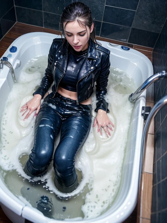 Woman bathing in skinny jeans and black leather jacket and high heel boots, ((navy blue skinny jeans)), soaked, wet clothes, dripping wet, looking at viewer, submerged in water, extra large bathtub, (((show boots))), clean water, orgasmface