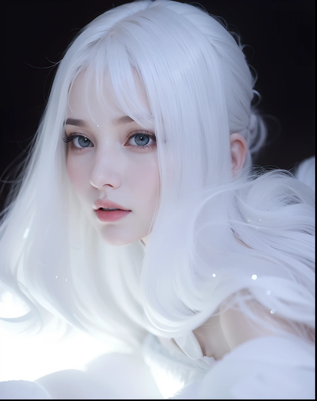 um close up de uma mulher com cabelos brancos e uma pena branca, cabelos brancos flutuando no ar, Asas Brancas, pale snow white skin, com cabelos longos brancos, pale porcelain white skin, franja branca, cabelos brancos semelhantes a nuvens, pale milky white porcelain skin, angelic face, com longos cabelos brancos, porcelana pele branca, de uma anjo bonita, cabelo branco bonito