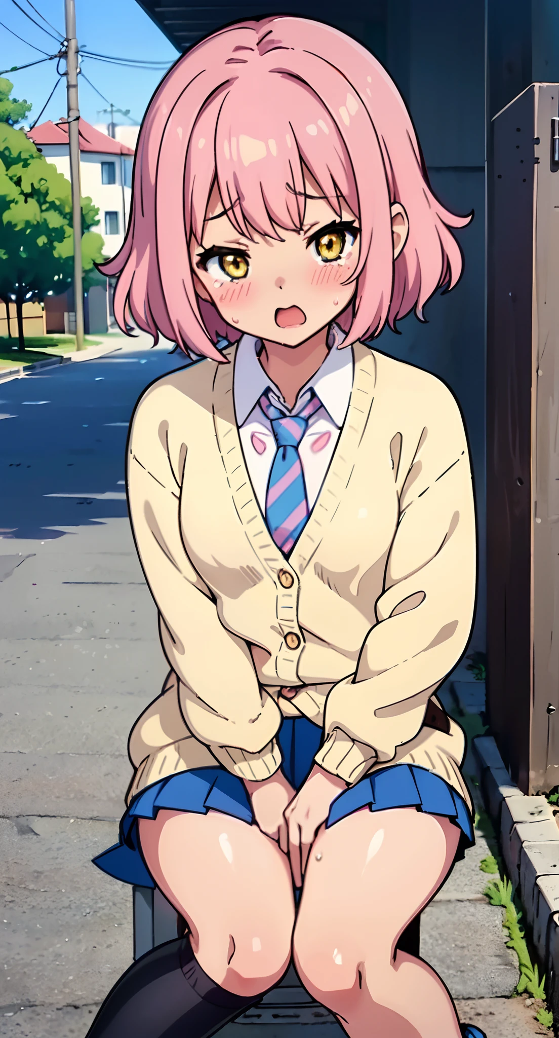 (Perfect body),Best Quality,(8K Portrait),(Official art)、((NSFW))、((((Lori))))、(((Brown skin)))、((((Short stature))))、is crying、embarrassed from、1girl in,((((:o))))、((Wavy mouth))、Surprised、One eye is closed、(blush),(Sweat),(((flat chest)))、(thick thighs)、(big butts)、((Pink hair))、((Short hair))、((Wavy Hair))、(Cream cardigan)、whiteshirt、(Pink tie)、(Blue mini skirt)、(Light blue striped panties)、((((Panchira))))、 (yellow eyes)、Cowboy Shot、In the street、(sitting on ground)、((spreading legs))、Falling