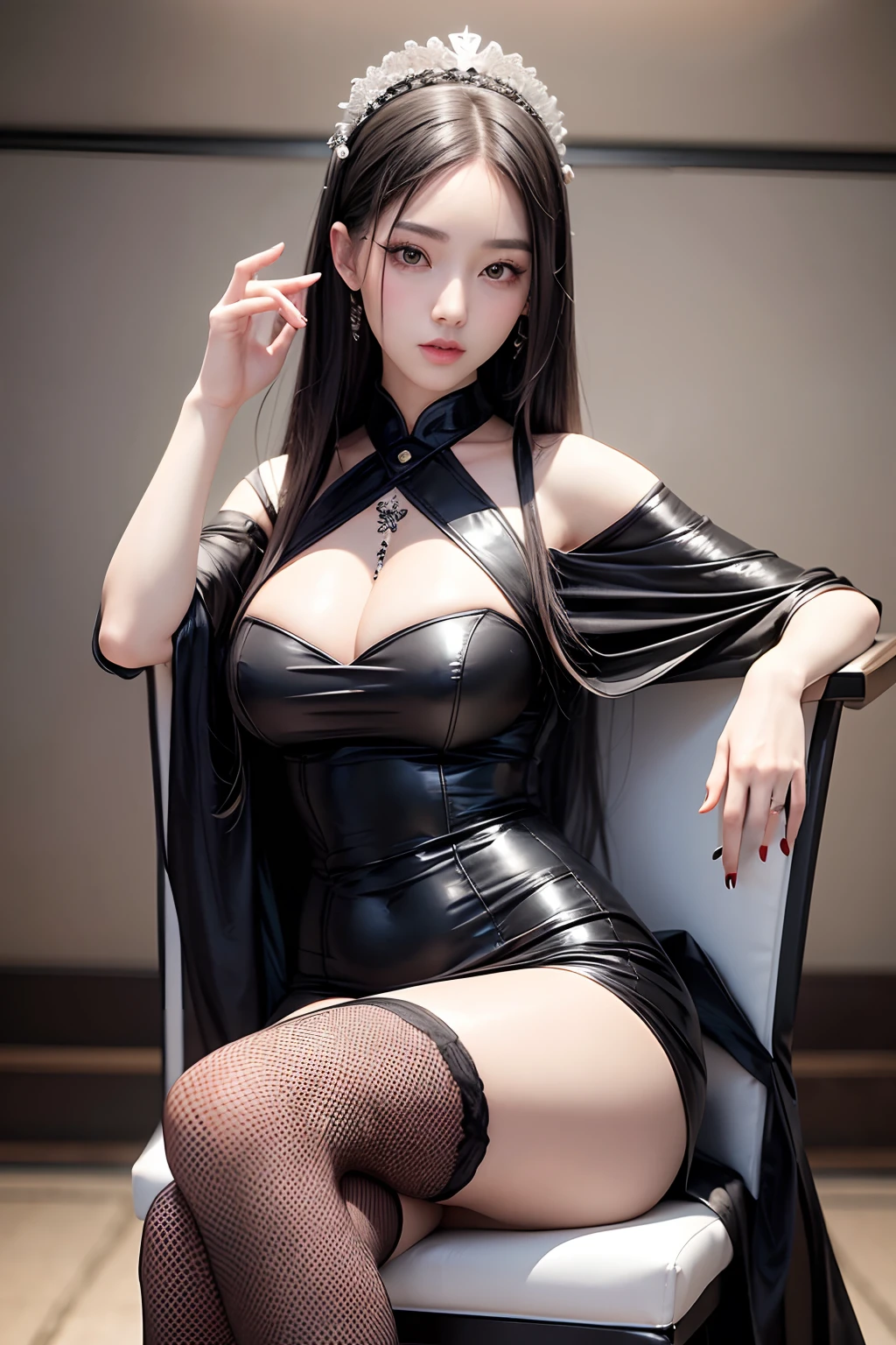 woman in black dress sitting on a chair with a white chair, asian nymph bald goddess, angelawhite, gorgeous chinese model, beautiful asian girl, gorgeous female jade tailor, very sexy outfit, japanese goddess, gorgeous young korean woman, highly realistic. live cam, asian girl, sexy dress, thicc, wearing a tight black dress, succubus in tight short dress