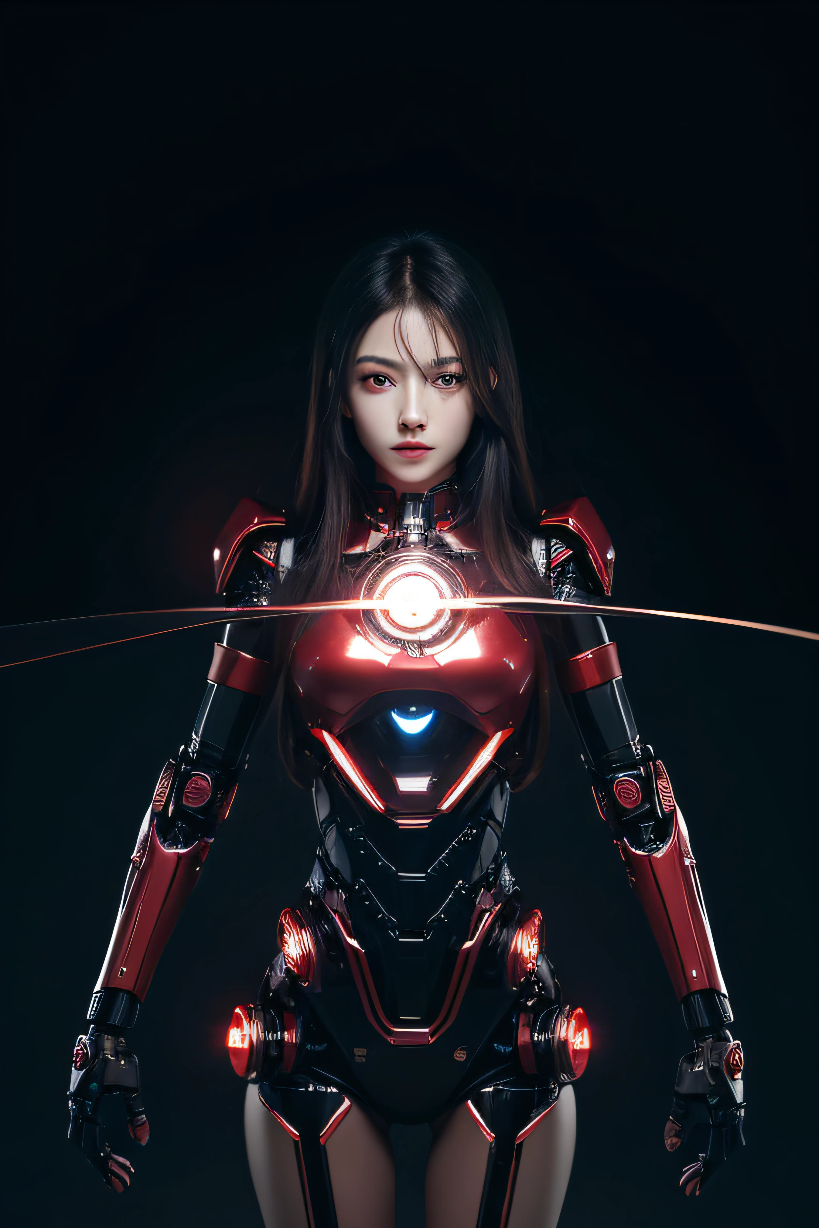 8K, Dark_fantasy, Delicate face, (Delicate glass pupils: 1.5), Standing full body portrait, One eye is blackened, Redness in one eye, 1 person, Mechanical Wonder, Robotic presence