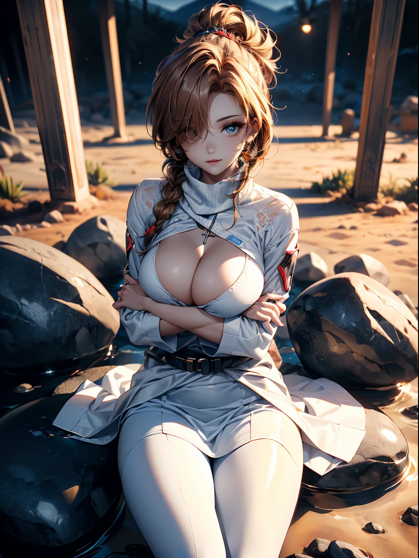 a matured woman with long black hair and a white outfit, (at a rock place in a desert:1.5), (resting in oasis:1.2, holding metal water bottles:1.3, sitting with spreading legs:1.5, Yoga posing, with cross-legged:1.3, Indian style, with lifting arms, in front of Arabic ruins:1.2), Arabic, (Post apocalyptic:0.2), from arknights, artwork in the style of guweiz, bodyesbian, fine details. girls frontline, beautiful anime illustration, from girls frontline, by Yang J, stunning, 26 years old, (milf:1.3), (solo:1.5), (sfw:1.25), sagging breast, fuge breasts, big tits, thin waist, big ass, Raised sexy, (dark mahogany medium short hair, updo, hair over one eye, asymmetric hair, Carly hair, low tied braids),(musulman, white Headscarfs, hair bands, head vandage, Turban), (ultra high resolution, 8K RAW photo, photo realistics, thin outline:1.3, clear focus), best qualtiy, natural lighting, textile shading, blurry back ground, field depth, bokeh, (Bright pupils, fine detailed beautiful eyes with highlight:1.2, high detailed face), Red lip, looking away:1.3, (dynamic angle:1.2, front view:1.2, breast focus:1.3, from above:1.1), dynamic posing, (sexy posing:1.2, leaning forward), seductive smiling:1.2, center image, (wearing white long jacket and clothes, wearing white robes, ((bare breast:1.37)), platinum ornaments, rolling white clothes around waist, camel-brown long leather boots:1.3, translucent lace pantyhose), ((correct anatomy:1.5)), ((outdoor:1.2, in a night:1.3)),