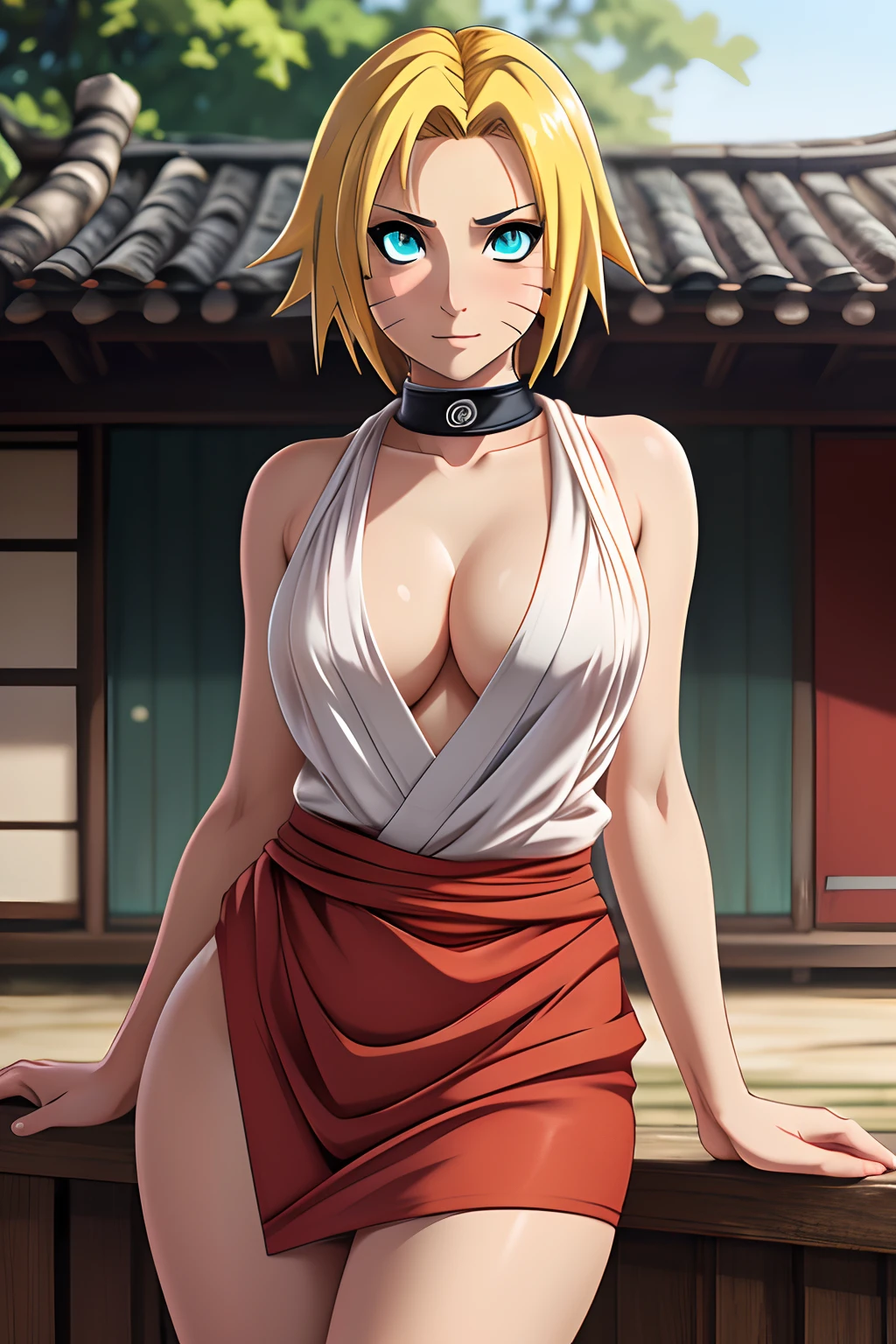 Naruto Girl, ((short Yellow hair)), ((beatiful face)), Charming, sexy facial expression, is looking at the camera, ((Skin color: white)), Body glare, ((Clear eyes)), ((Beautiful Female Eyes)), ((Cyan eyes)), ((Perfect Sexy Figure)), ((Ideal body shapes)) , big thighs, ((Subtle and beautiful)), ((sexy naruto clothes, sexy cleavage, chocker on neck)), Sexy standing position, in full height, background: Konoha, Hidden Leaf Village, 19th century Japanese village, Depth of field, ((ultra quality)), ((tmasterpiece)), ((clear image)), crisp details, Realistic, Professional Photo Session, ((Clear Focus)), the anime, Colorfully drawn, NSFW