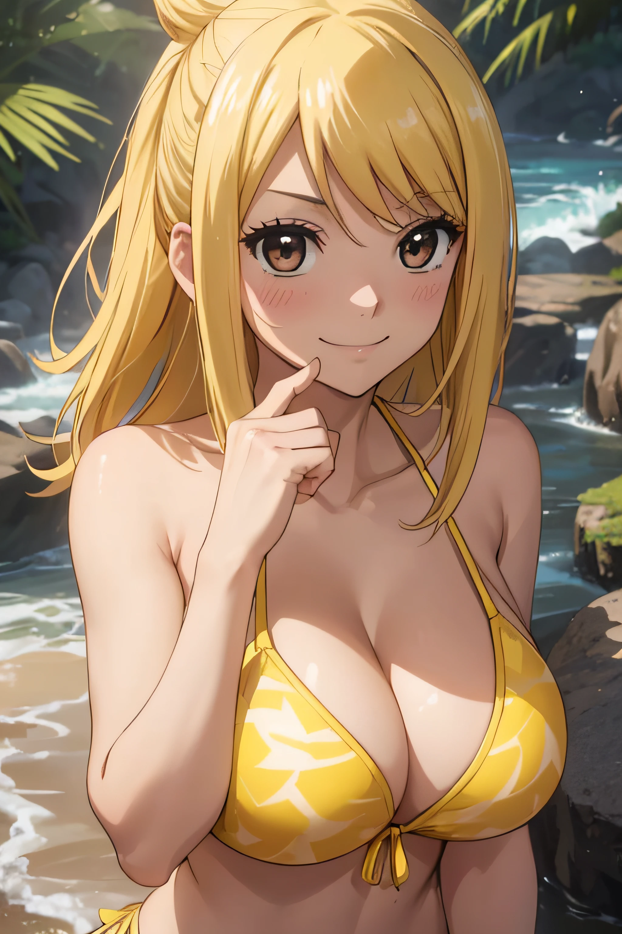 high definition, 8K, detailed face, grabbing her breast, showing her breast, Lucy Heartfilia from Fairytail, ((Dark brown eyes)), ((yellow micro bikini)), spa, ((large breasts)), slim and thin, body of equal proportions, ((focus on her breast)), front view, four fingers and 1 thumb, ((2 hands)), Blonde hair, Beautiful smile, Smiling at viewer, blushing cheeks,