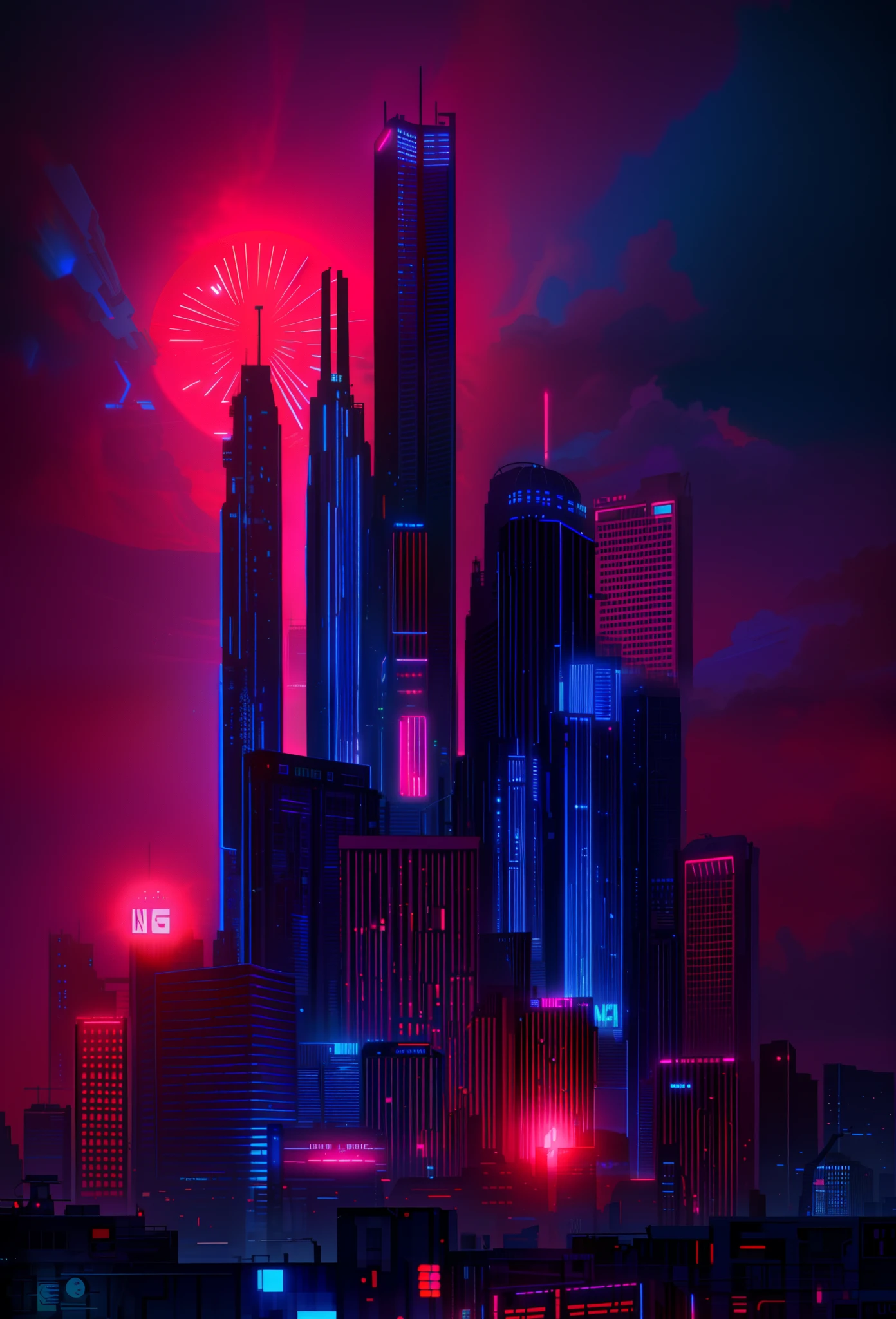 Spotlight in the sky,There is a red and blue sky in the sky, synthwave city, cinematic neon matte painting, in the style of beeple, 3 d render beeple, cinematic beeple, cyberpunk city landscape, dystopian city skyline at night, style hybrid mix of beeple, Futuristic city landscape, the city is on fire, futuristic urban background