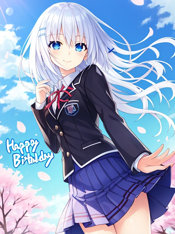 beautiful girl, light smile, open eyes, detailed eyes, school uniform, blue hair clips, pretty anime girl, white hair, cherry blossoms, blue sky, light pink fliter on background, long hair, wind, black uniform, "happy birthday" written on upper left, fixed hands