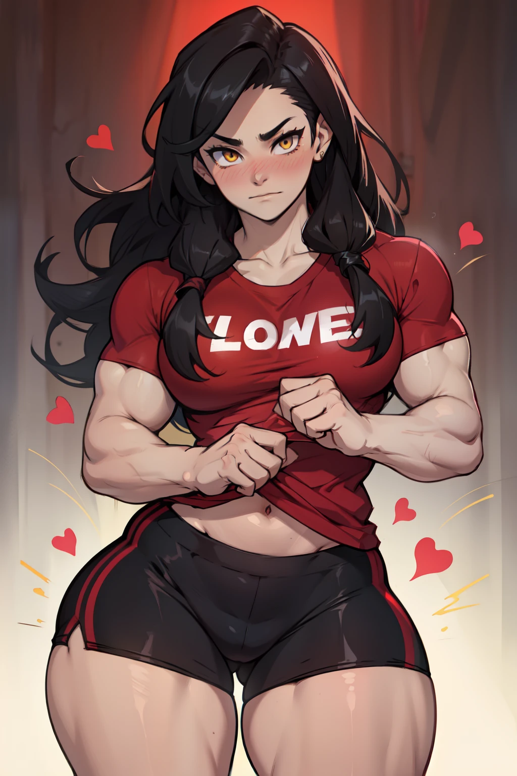 ((1girl)) pale skin large breasts (muscular) toned body thick thighs black hair yellow eyes (long hair) bodybuilder tight red shirt blushing (heart seductive expression) best quality
