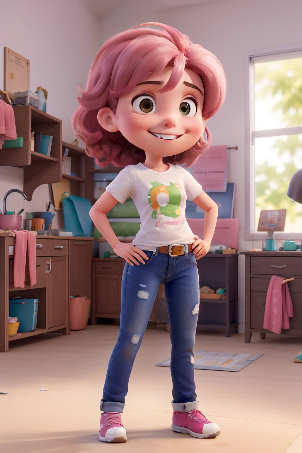 Obra-prima, de melhor qualidade, uma jovem alta, magra, cabelos longos castanhos com mechas loiras, um sinal na bochecha, olhos castanhos claros, sorridente, Wear dental appliances, Pink T-shirt and jeans. In the background, a studio with a panel written , a bench containing a cricut, tesoura, Colored Papers, ring light, caixa de som, impressora, smartphone