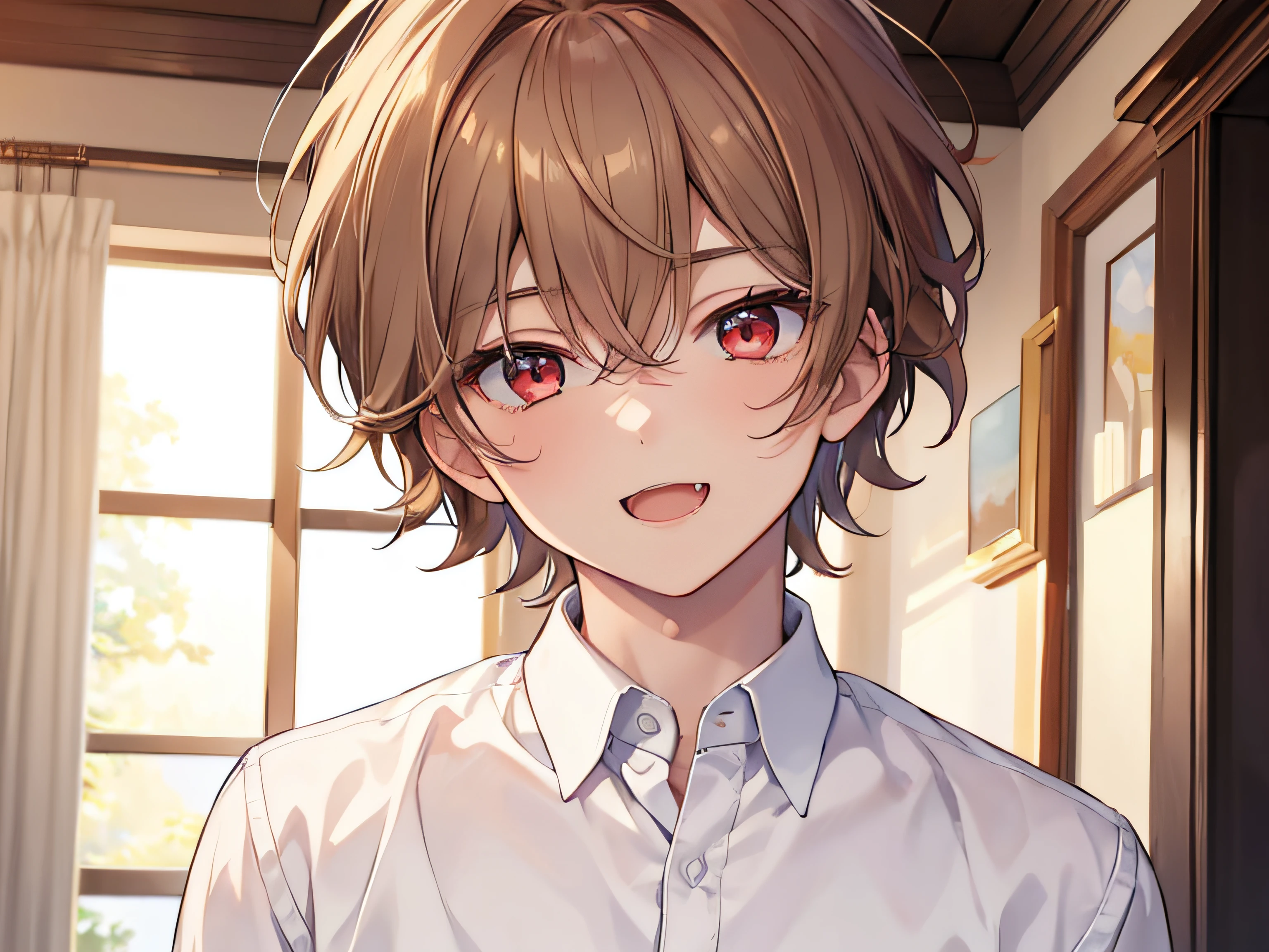 masterpiece,best quality,ultra detailed, ((((solo boy)))), ((mid-teen guy)),dynamic angle,light brown hair,red eyes,,hairs between eyes,gentle smile,white shirt, open mouth with skin fang,neutral,perfect face, good looking,slightly cute,