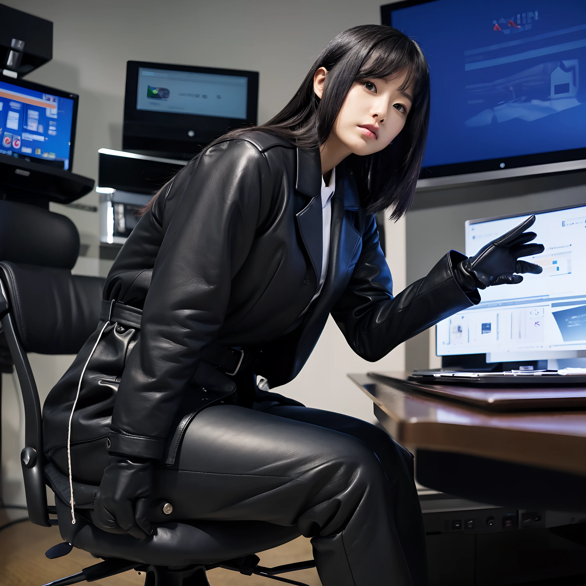 Wearing a black business pantsuit, Office in the Dark, facing a desk、While looking at the screen, tap the keys on the black laptop keyboard with the fingertips of the black leather gloves,Sitting on a large chair with a black leather backrest、 Black hair was tied back for a long time, Japan Female New Employees (Black leather gloves cover both hands) (The angle is frontal)、Black leather long boots