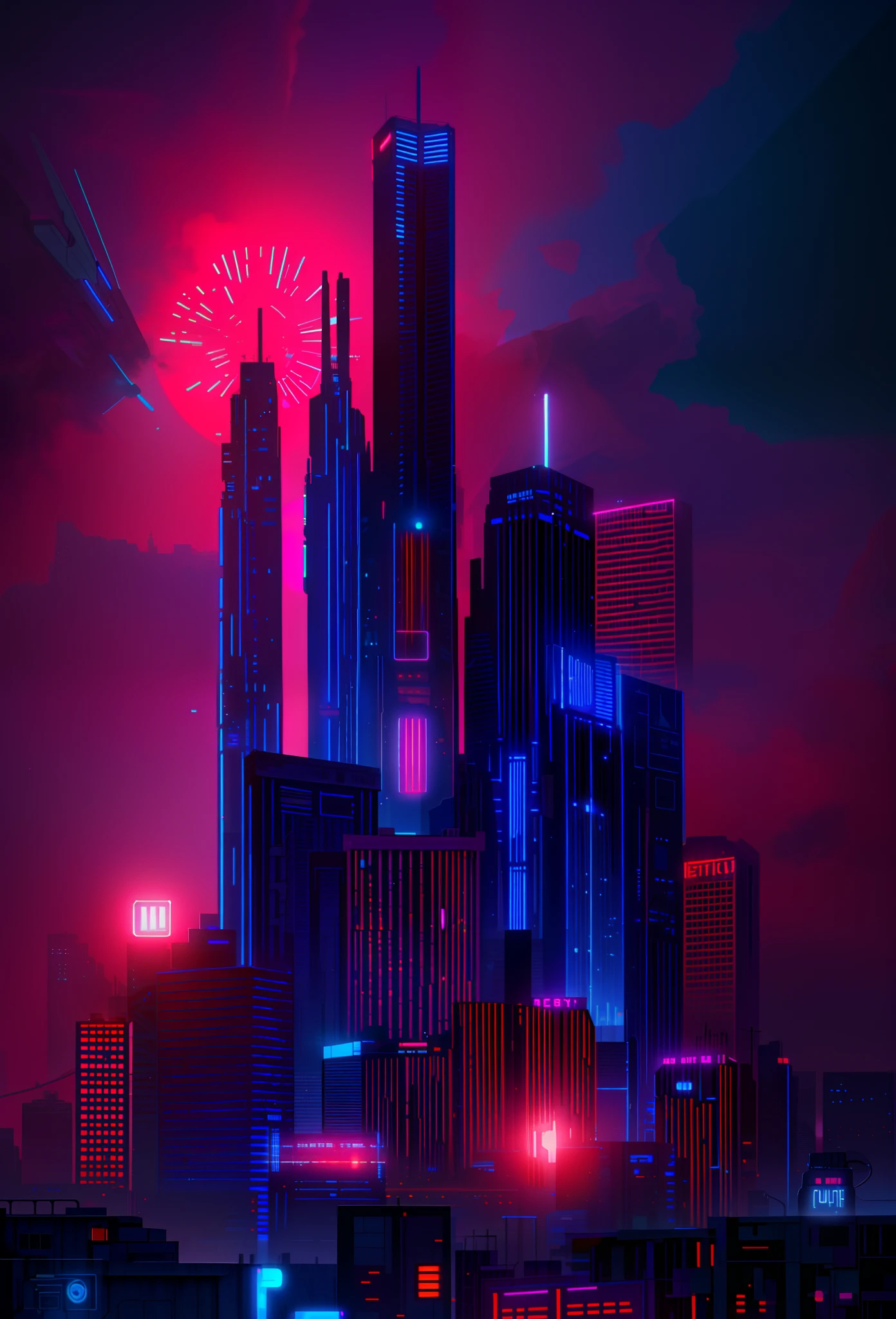 Spotlights in the sky，There is a red and blue sky in the sky, synthwave city, cinematic neon matte painting, in the style of beeple, 3 d render beeple, cinematic beeple, cyberpunk city landscape, dystopian city skyline at night, style hybrid mix of beeple, Futuristic city landscape, the city is on fire, futuristic urban background