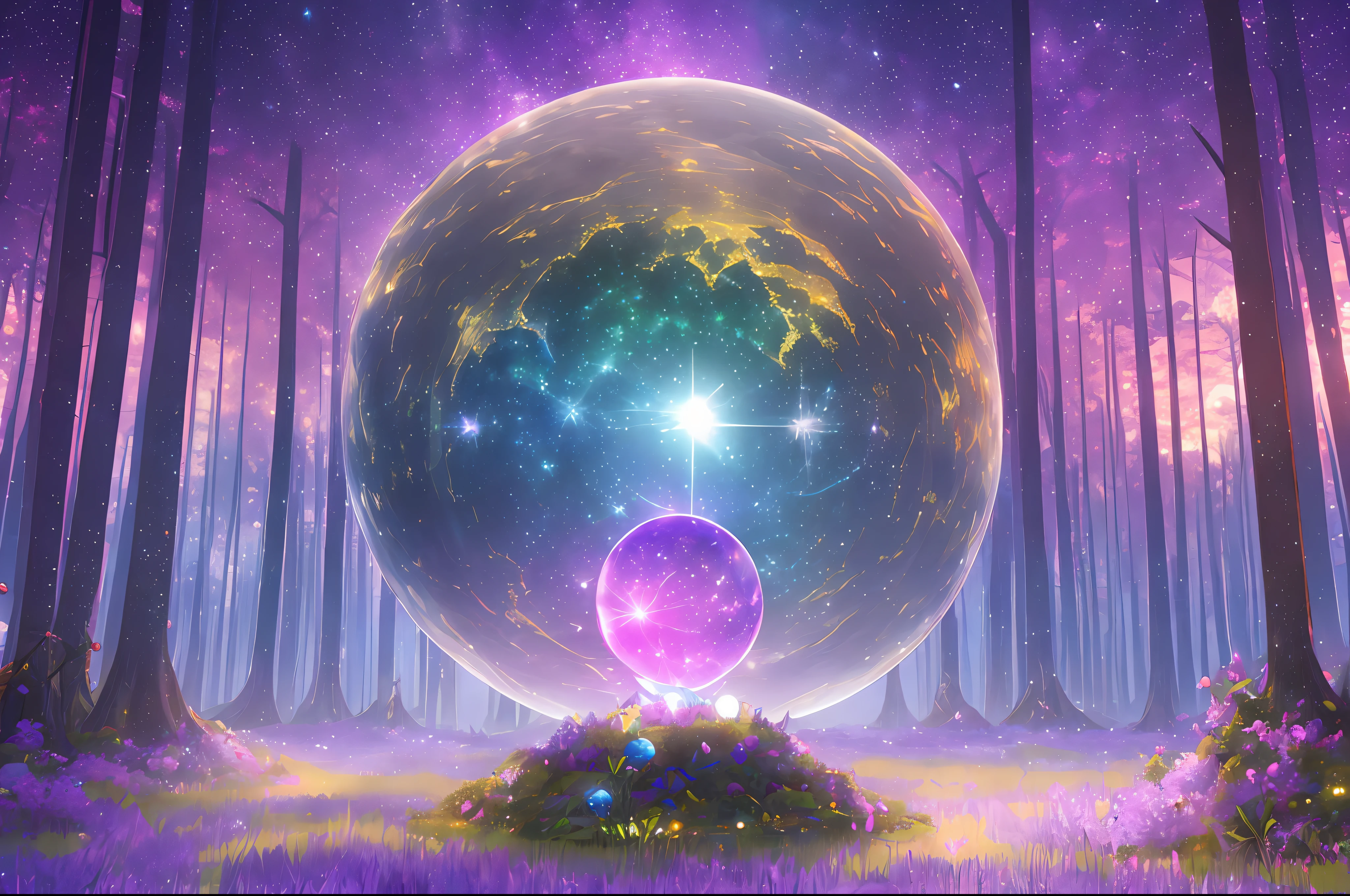 There is a crystal ball in the forest, ethereal starlight city at sunset, fantasy planet, 3D rendering of Bippul, inspired by Philip Hoddas, in the art style of Philip Hodass, planetscape, inspired by Bipple, epic dreamy fantasy landscape, inspired by Mike "Bipple" Winckelman --auto --s2